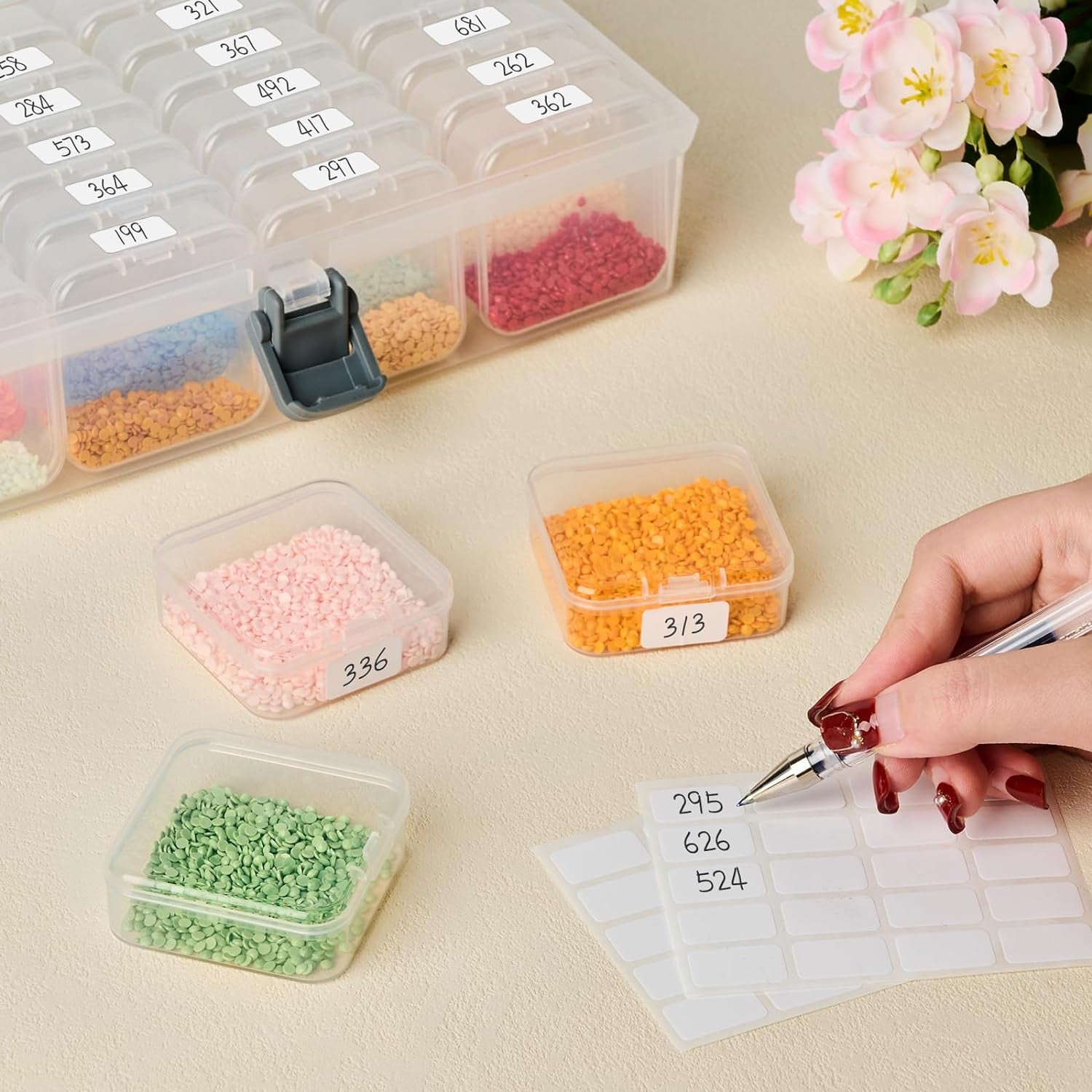 Small Bead Organizers with Handle, 24 Pcs Plastic Storage Cases, Mini Clear Craft Containers with Hinged Lid and Label Small Parts Storage Boxes for DIY Art Craft Accessories