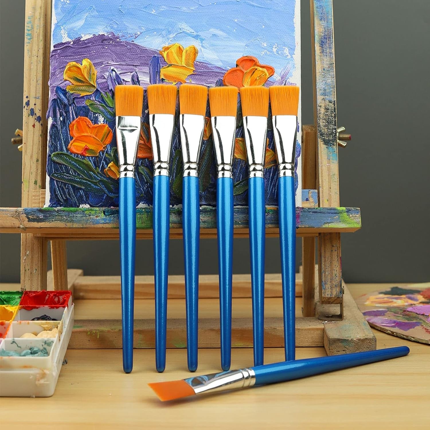 1 Inch Flat Paint Brushes for Acrylic Painting,12 Pieces Large Synthetic Paint Brushes Bulk with Wooden Handle for Acrylic, Watercolor, Oil, Crafts, Face Body Art