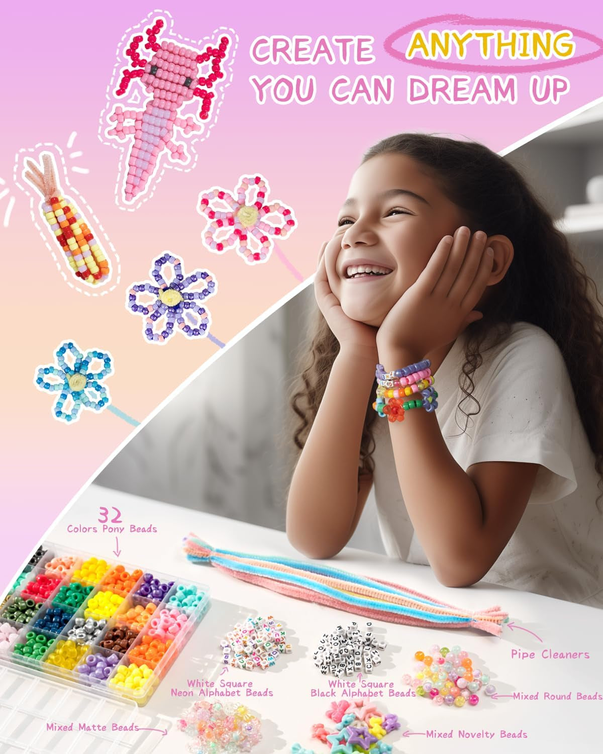 Kawaii Pony Beads Kit, Rainbow Kandi Beads and 1200Pcs Square Colorful Letter Beads, 32 Colors Plastic Craft Beads Bulk for Bracelets with 10 Beads Pipe Cleaners (Fashion Week)