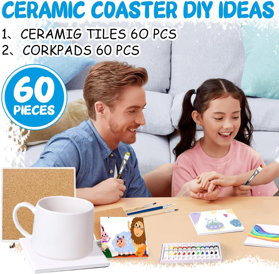 Strong Packaging! 60 PCS Square Unglazed Ceramic Tiles for Crafts Coasters with 60 PCS 2Mm Self Adhesive Cork Squares,White Tiles 4X4 for Crafts Ceramic