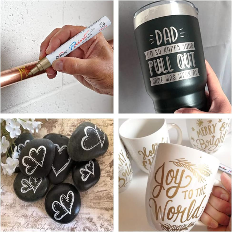 Gold and Silver Paint Marker Pens - 6 Pack Permanent Oil Based Metallic Paint Pen, Medium Tip, Quick Dry and Waterproof Markers for Stone, Wood, Metal, Plastic, Canvas, Glass, Ceramics, Rubber, Stone