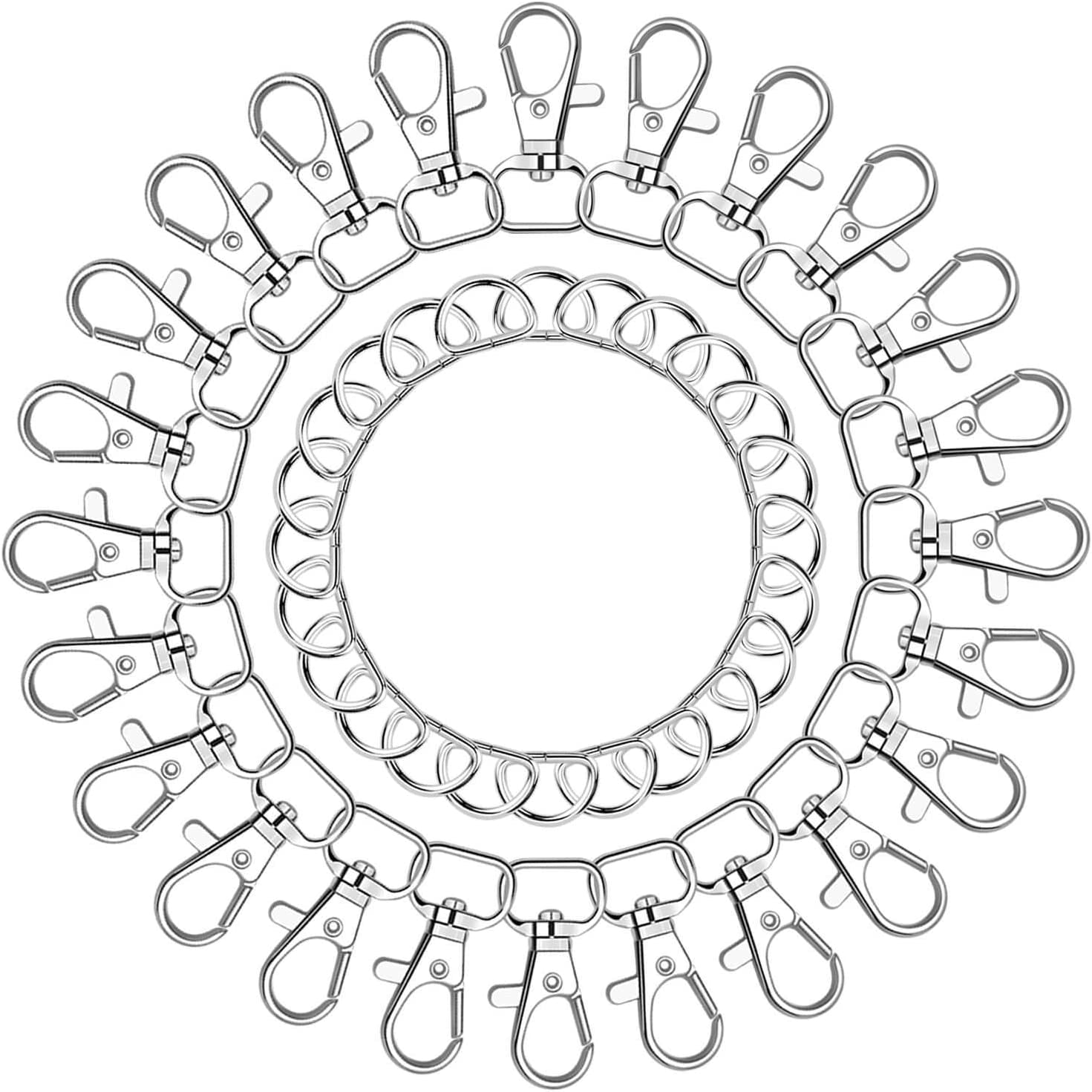 100Pcs Key Chain Clip Hook and D Rings Set Include 50Pcs Swivel Snap Hooks Lanyard Clips and 50Pcs D Rings for Keychain and Purse Hardware (1/2” inside Width)