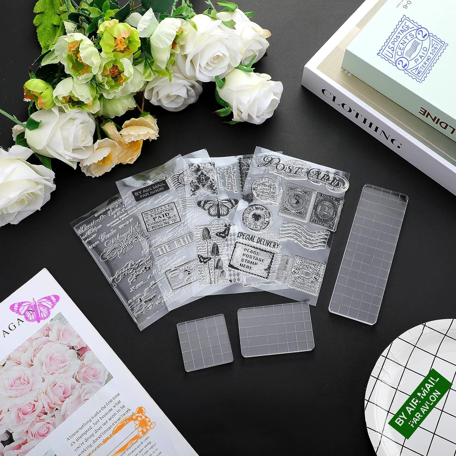 7 Pcs Vintage Rubber Clear Stamps Set 4 Sheet Transparent Postage Silicone Stamps 3 Pcs Acrylic Stamp Block Tools with Grid Lines Rubber Stamps Craft Supplies for DIY Scrapbooking Journaling