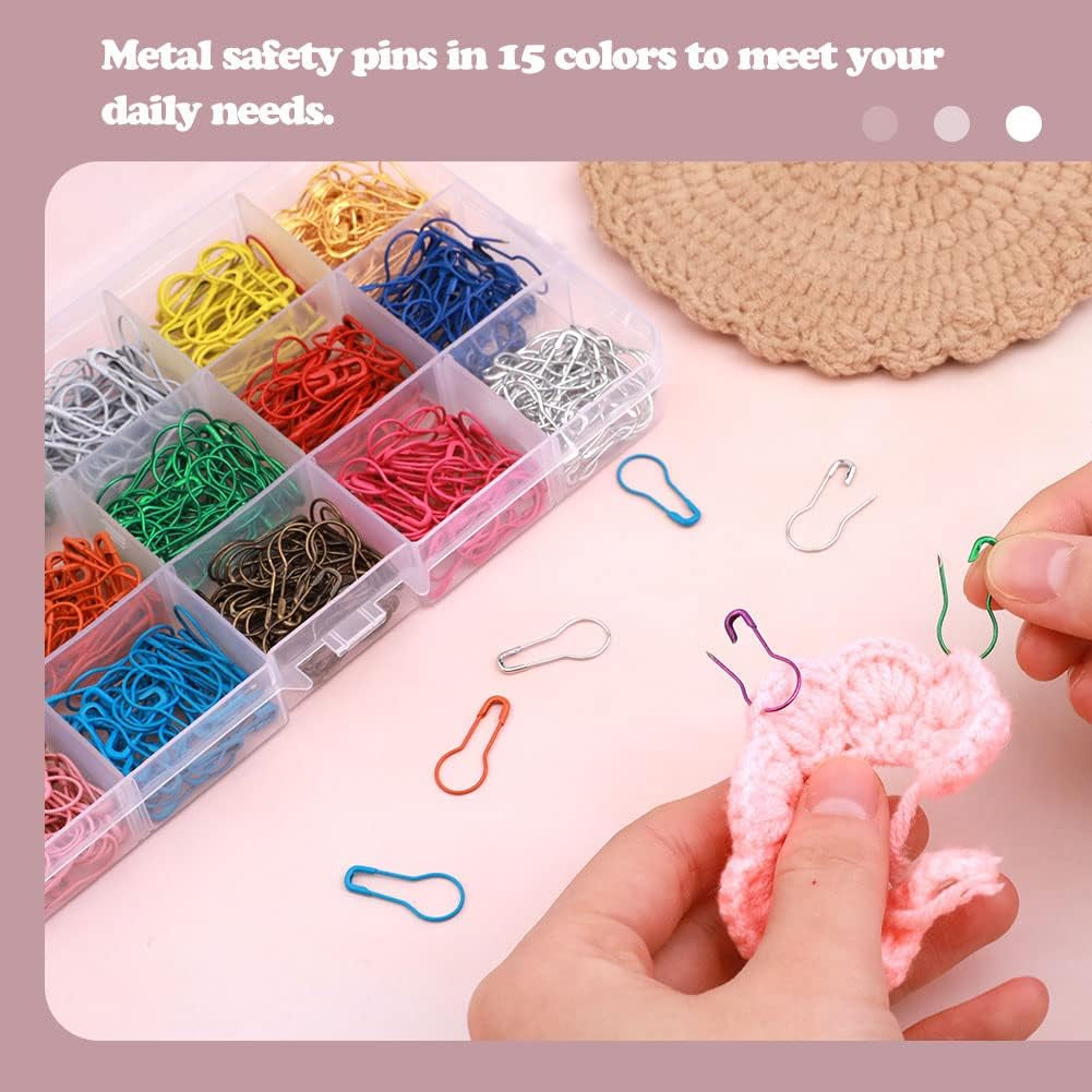 600 PCS Safety Pins, Colorful Metal Knitting Bulb Pins with Storage Box 15 Colors Stitch Markers for Clothing Labels Crochet Stitch Markers DIY Craft Project