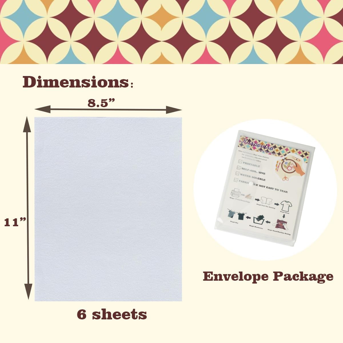 6 Sheets 8.5"X11" Sticky Water Soluble Embroidery Stabilizer, Dissolvable Printable Self Adhesive Wash Away Stabilizer for Print or Draw Patterns Hand Machine Embroidery