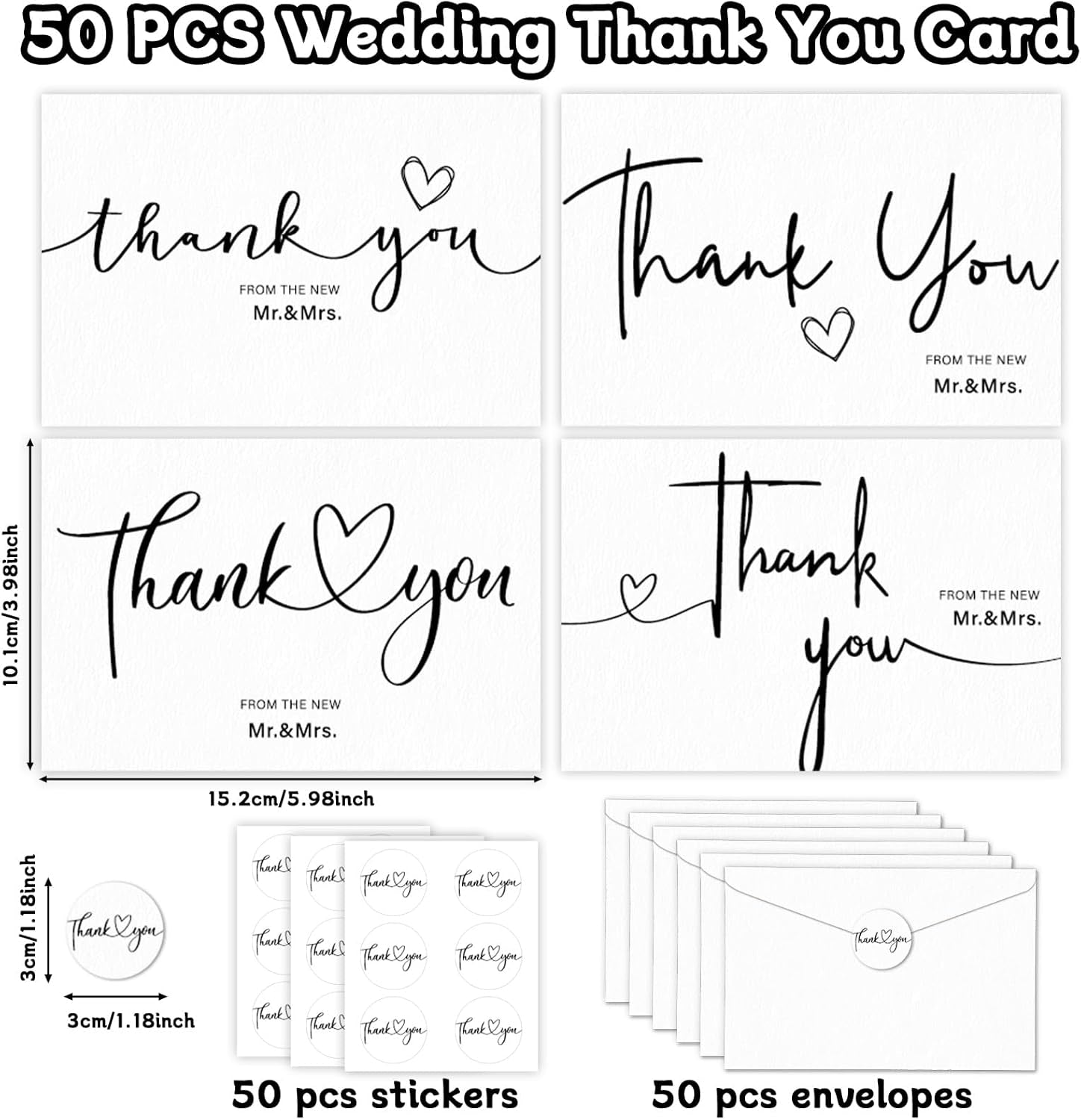 50Sets Wedding Thank You Cards with Envelopes and Stickers 4 Designs Mr and Mrs Thank You Notes Bulk Wedding Gift Cards Thank You Cards for Guests Wedding Party Decor Supplies 6 X 4 Inch