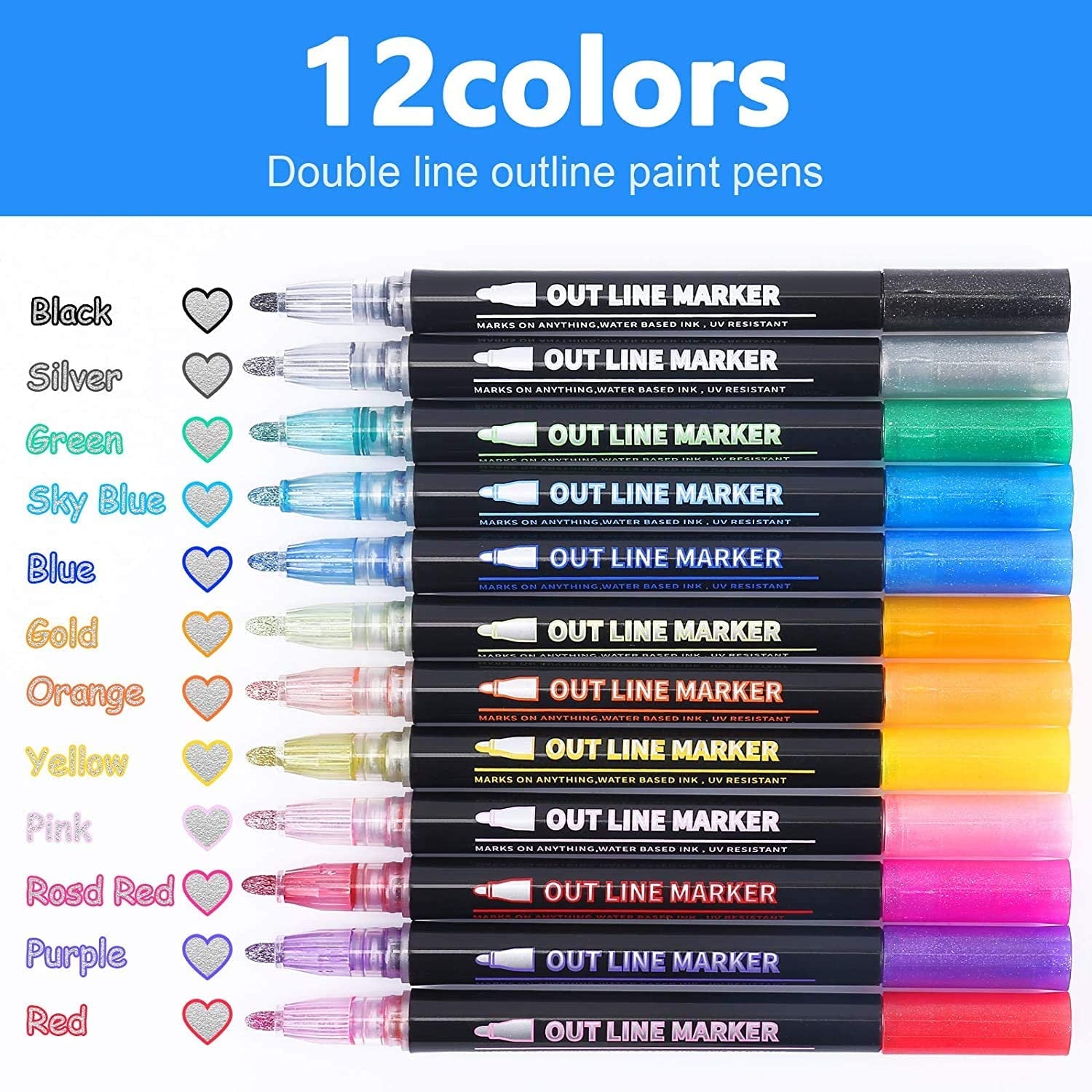 Shimmer Markers Outline Pens, Stocking Stuffers for Kids Teens, Teen Girl Girls Trendy Stuff, 12 Colors Metallic Markers for Drawing, Art Supplies, Arts Crafts, Gifts for 4-12 Year Old Girl