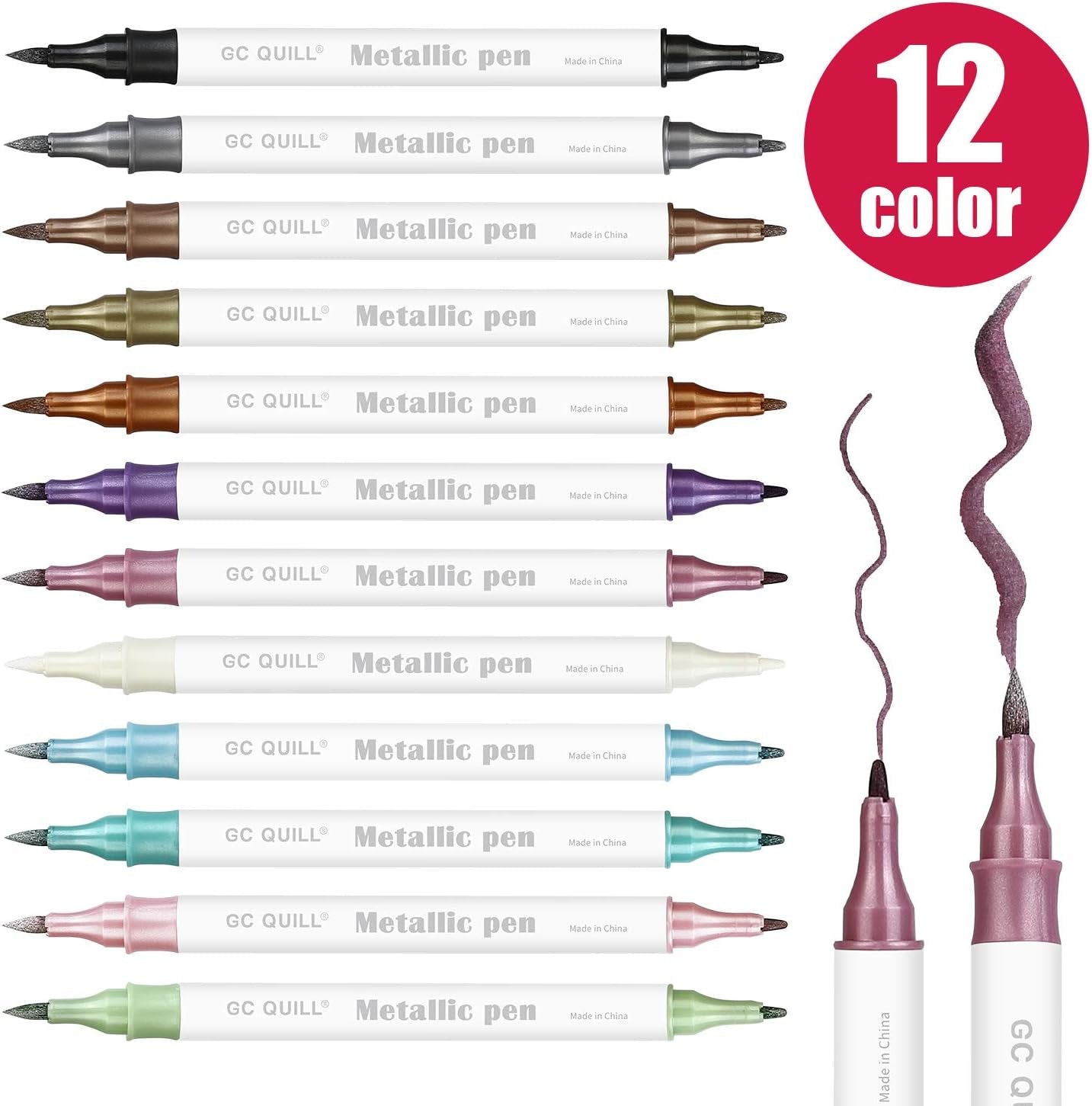 12 Colors Metallic Marker Pens - Dual Tip Brush and Fine Point Pens for DIY Album, Black Cards, Scrapbooking, Craft Supplies, on Ceramic, Stone, Glass, Fabric GC-MP12