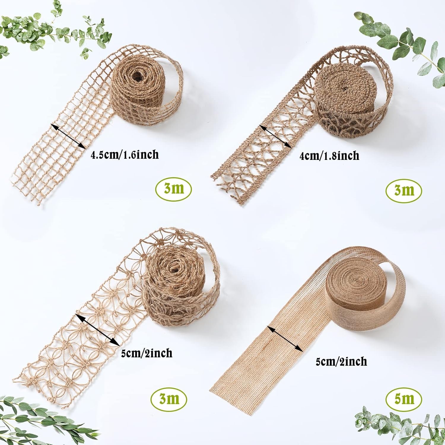 4 Rolls Burlap Ribbon Natural Jute Burlap Lace Ribbon Mesh Burlap Ribbon Weeding Ribbon Trim Craft Wrapping Ribbon for Holiday Party DIY Handmade Artist Home Decor Packaging