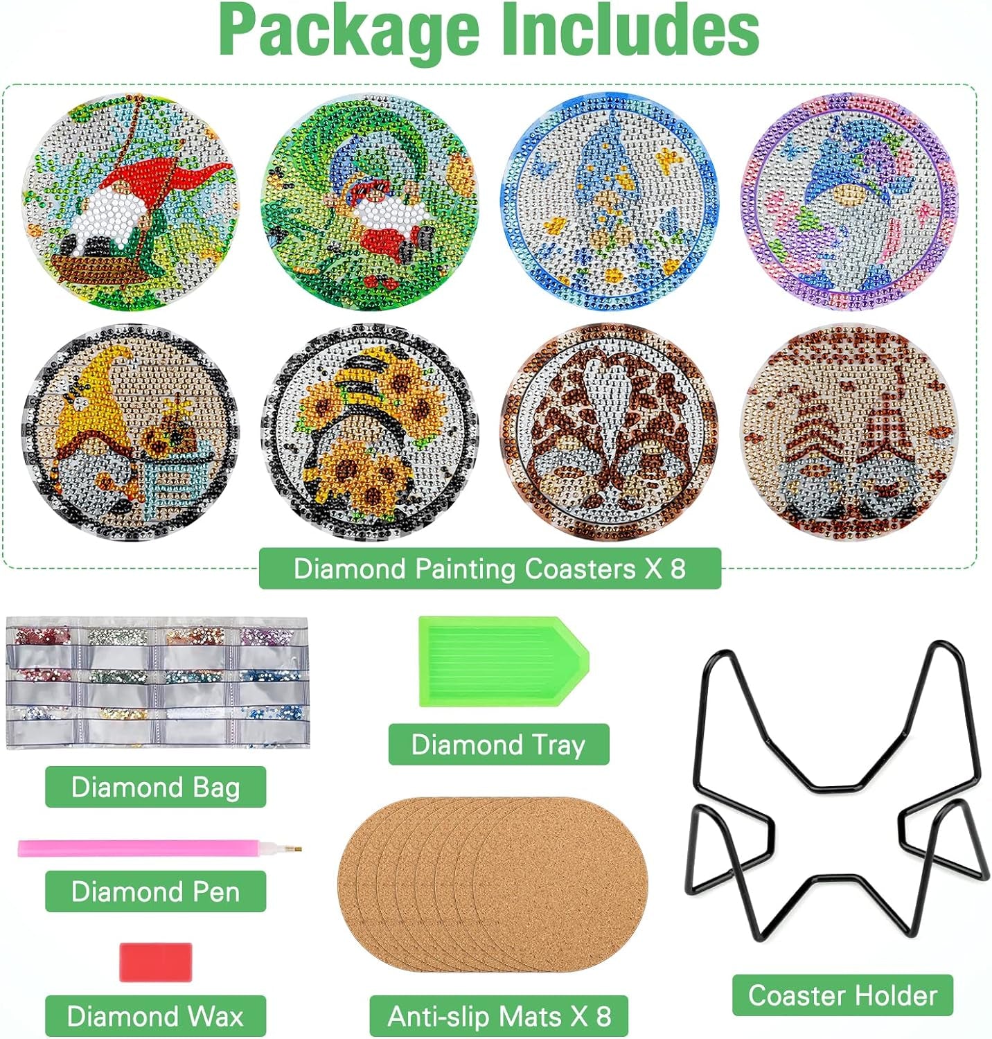 8 Pcs Diamond Art Painting Coasters with Holder, DIY Coasters Gnomes Diamond Art Painting Coaster Kits for Beginners Adults Cartoon Diamond Art Coasters Drinks Coaster Craft Supplies 4 Inch