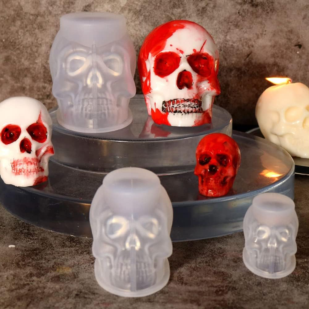 Set of Large + Medium + Small 3D Skull Resin Molds, Flexible Clear Silicone Skull Head Molds, Silicone Molds for Resin, Soap, Clay, Candle Wax Casting, Halloween Home Decoration