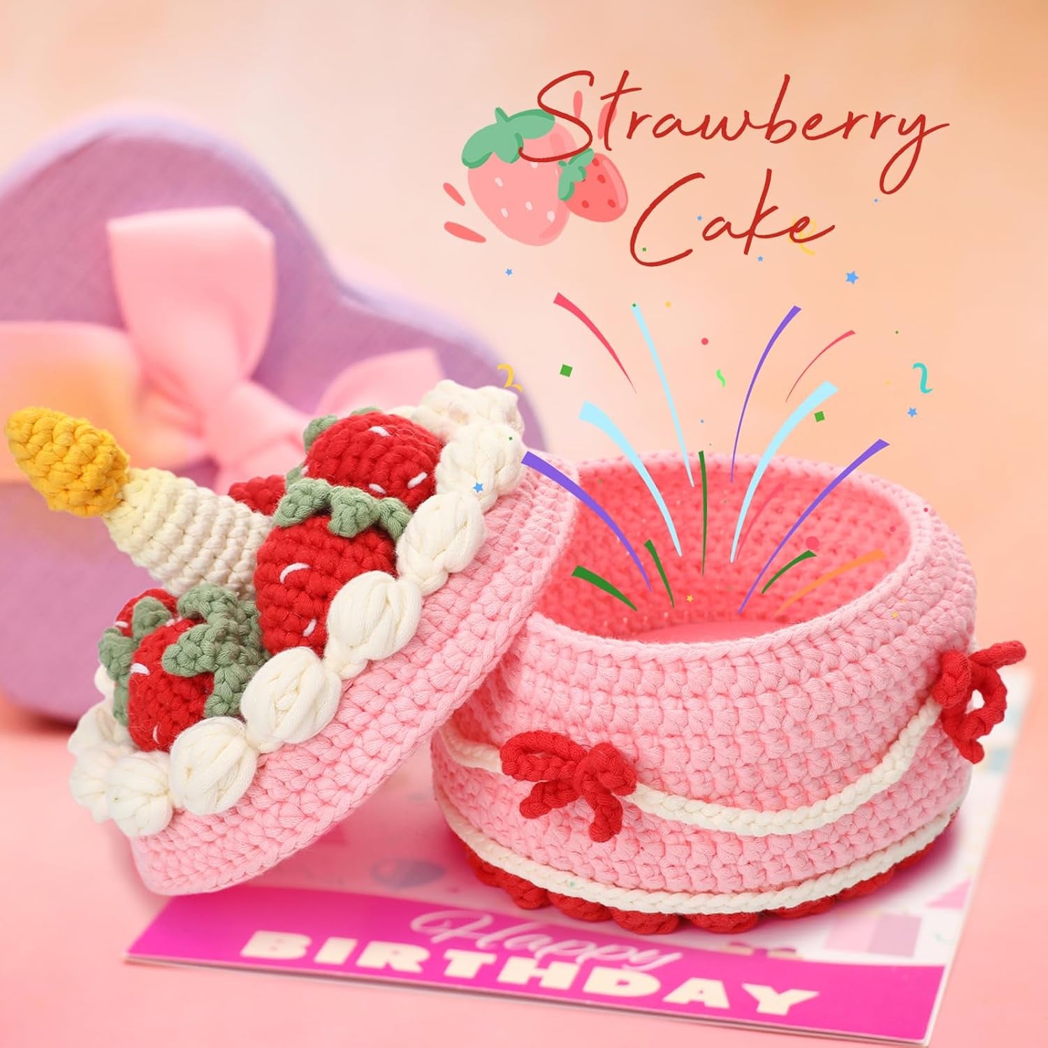 Crochet Kit for Beginners Adults - Strawberry Cake Storage Box Starters Crochet Kit, Including Step-By-Step Video Tutorials, Instruction, Hook, Surprise Gift for Adults, Relaxing Crafts