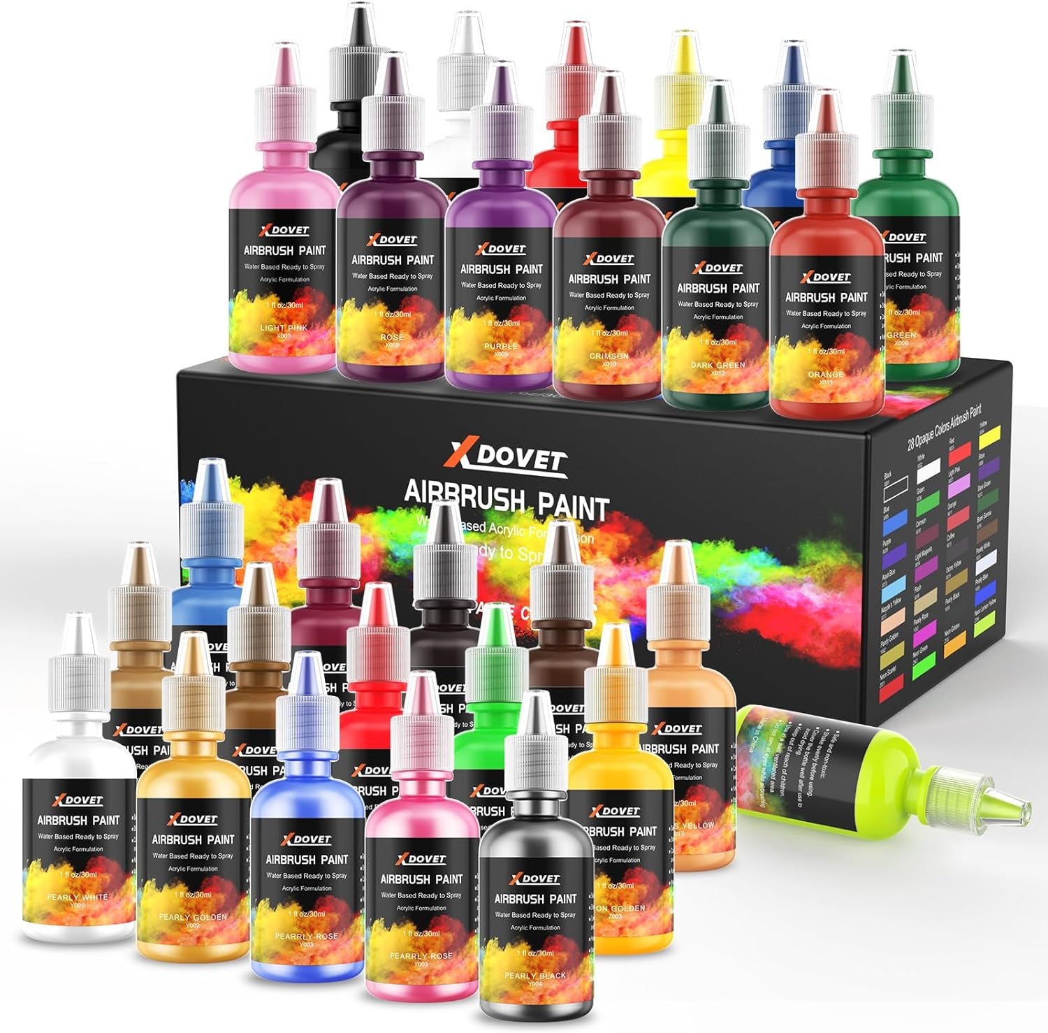 Airbrush Paint, 28 Colors Airbrush Paint Set (30 Ml/1 Oz), Ready to Spray, Opaque &amp; Neon Colors, Water-Based, Premium Acrylic Airbrush Paint Kit for Beginners, Hobbyist and Artists