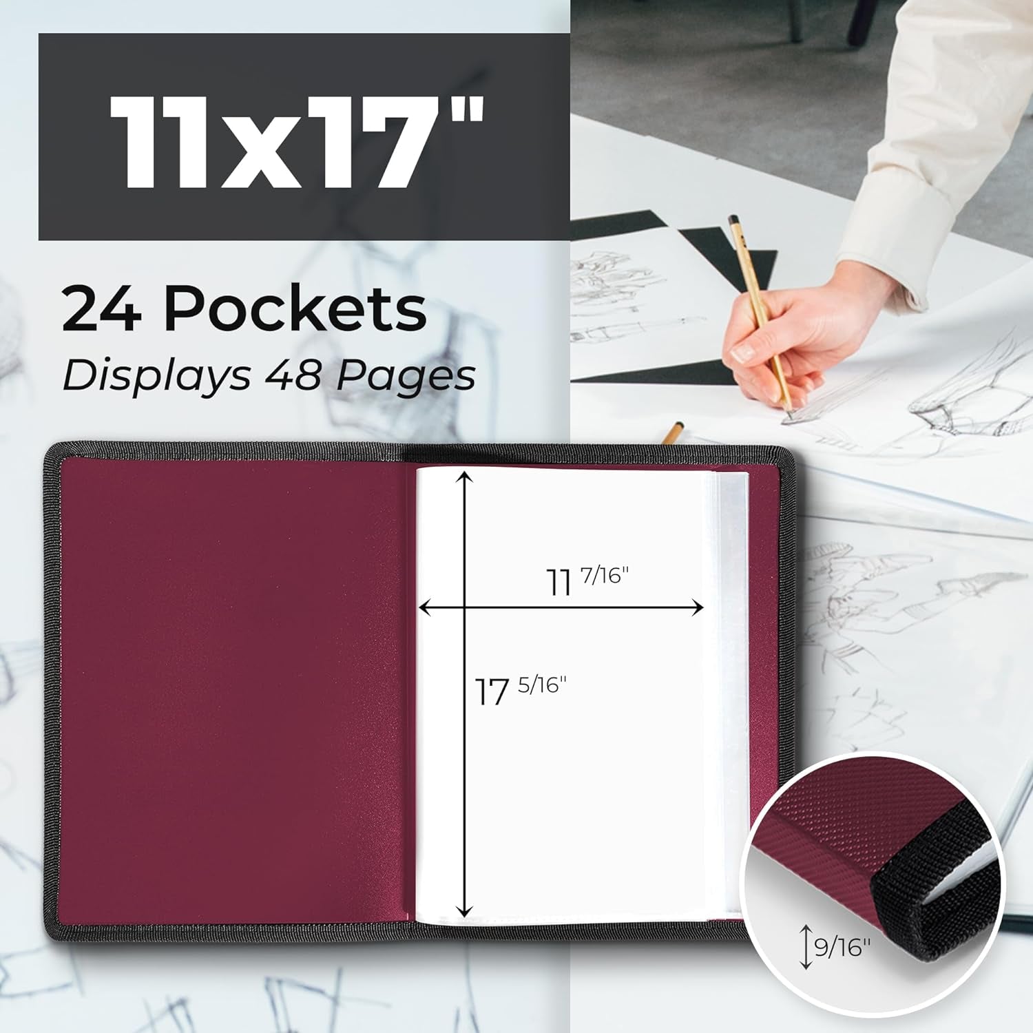 11X17 Art Portfolio Binder with Mounting Paper - (Ruby) Large Portfolio Folder for Artwork Displays 48 Pages, 11 X 17 Presentation Folder with Plastic Sleeves, Portfolio Binder Organizer