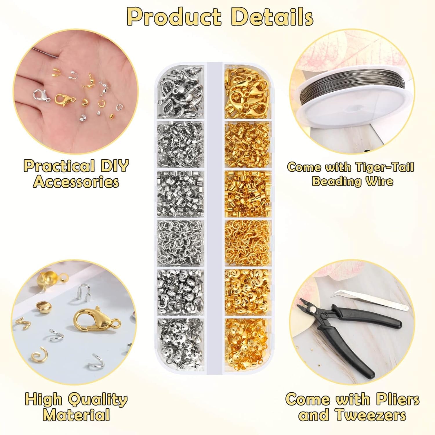 1200 Pcs Crimp Beads Kit for Jewelry Making,  Crimp Beads, Crimp Covers, Crimp Tubes and Wire Guardians, Lobster Clasps, Jump Rings, Crimping Pliers and Beading Wire for Jewelry Making