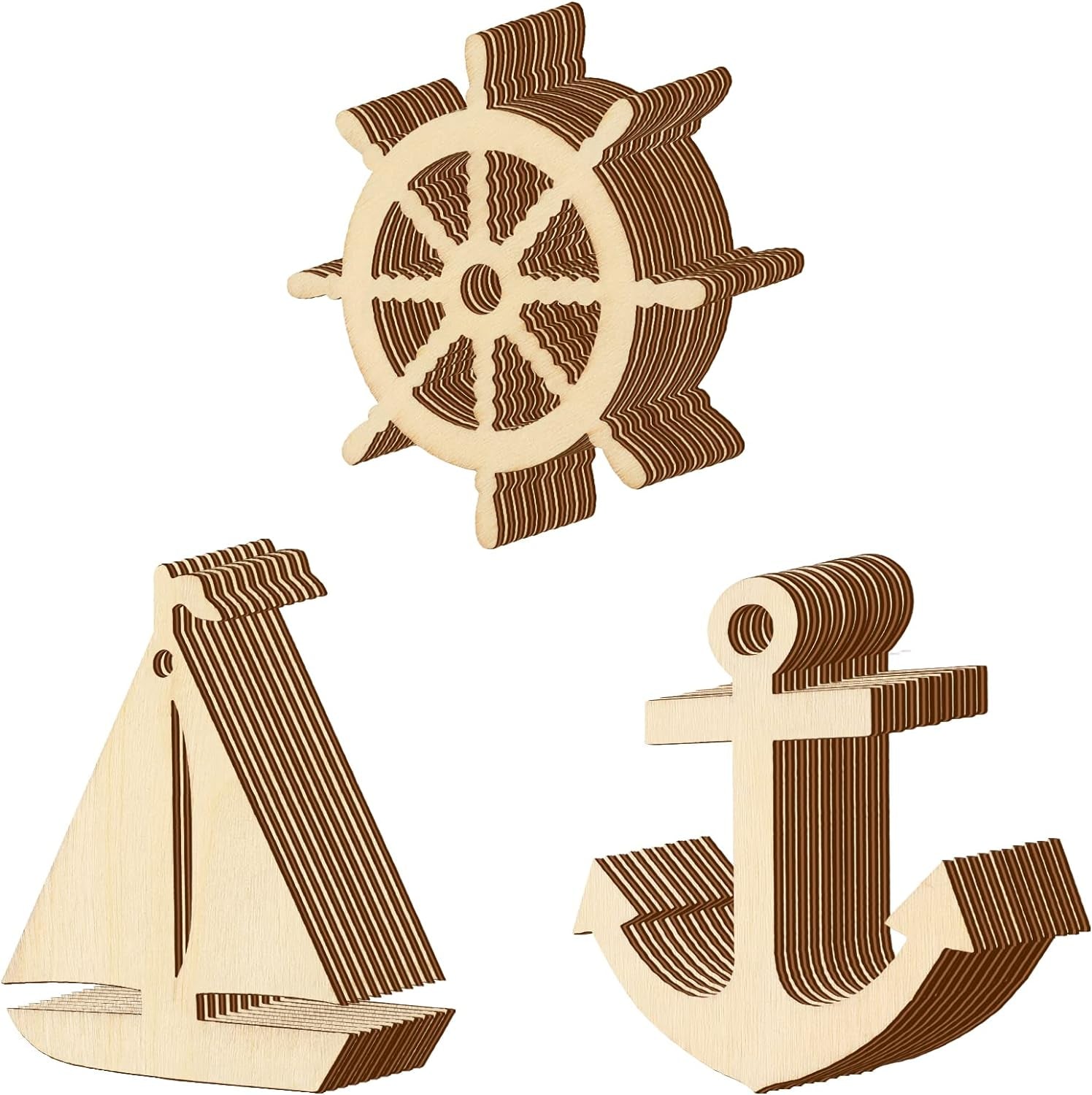 Wooden Anchor for Crafts Unfinished Sailboat Wheel Cutouts Nautical Party Classroom Decor with Rope DIY Paint Crafts for Kid Hanging Ornaments for Cruise Bachelorette Party Home, 3 Styles(60 Pieces)
