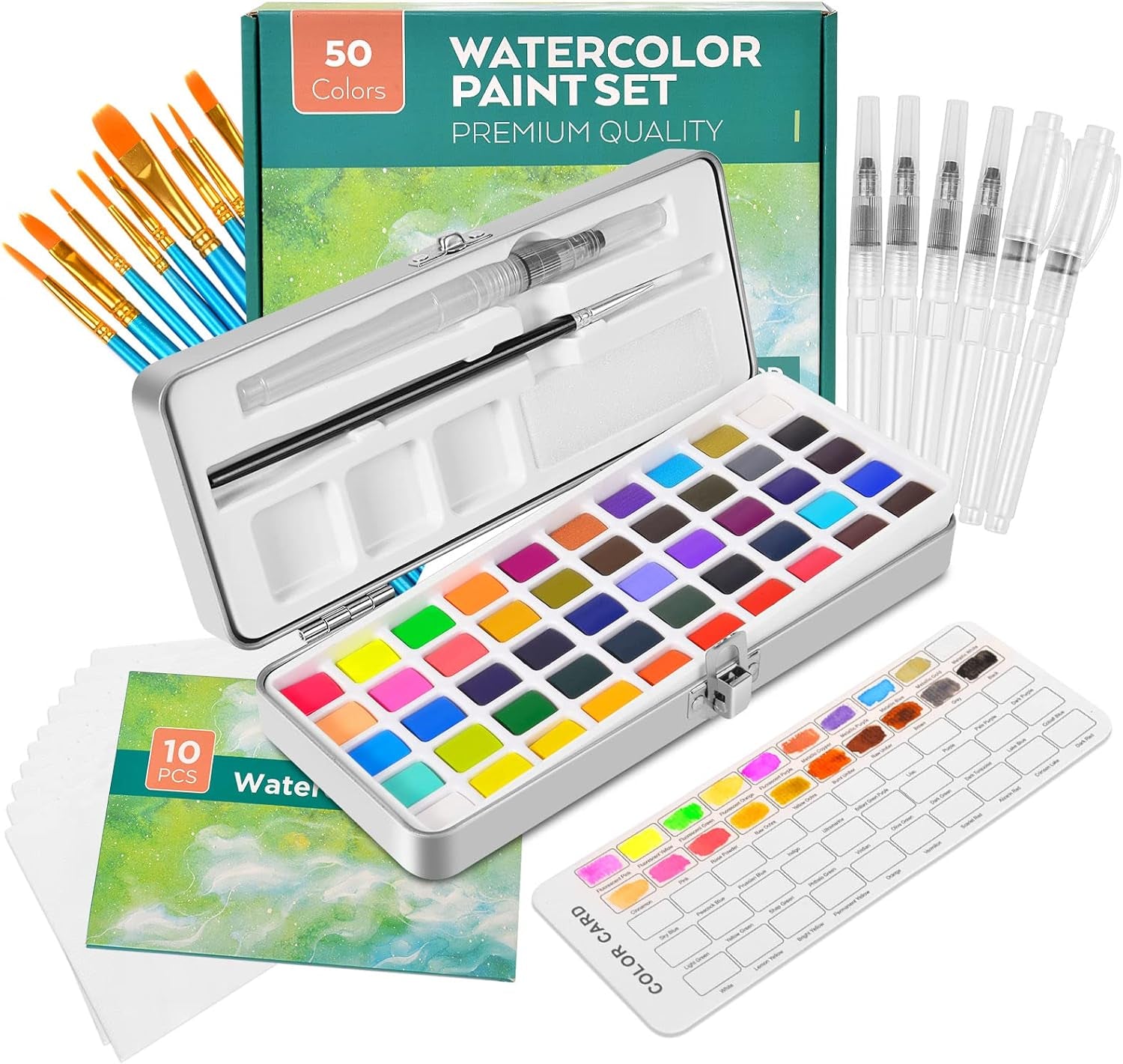 NAWOD Watercolor Paint Set, 50 Vivid Colors in Portable Box, Including Metallic and Fluorescent Colors, Watercolor Paper, Brushes. Ideal for Kids, Adults, Artists and Hobbyists, Perfect Starter Kit