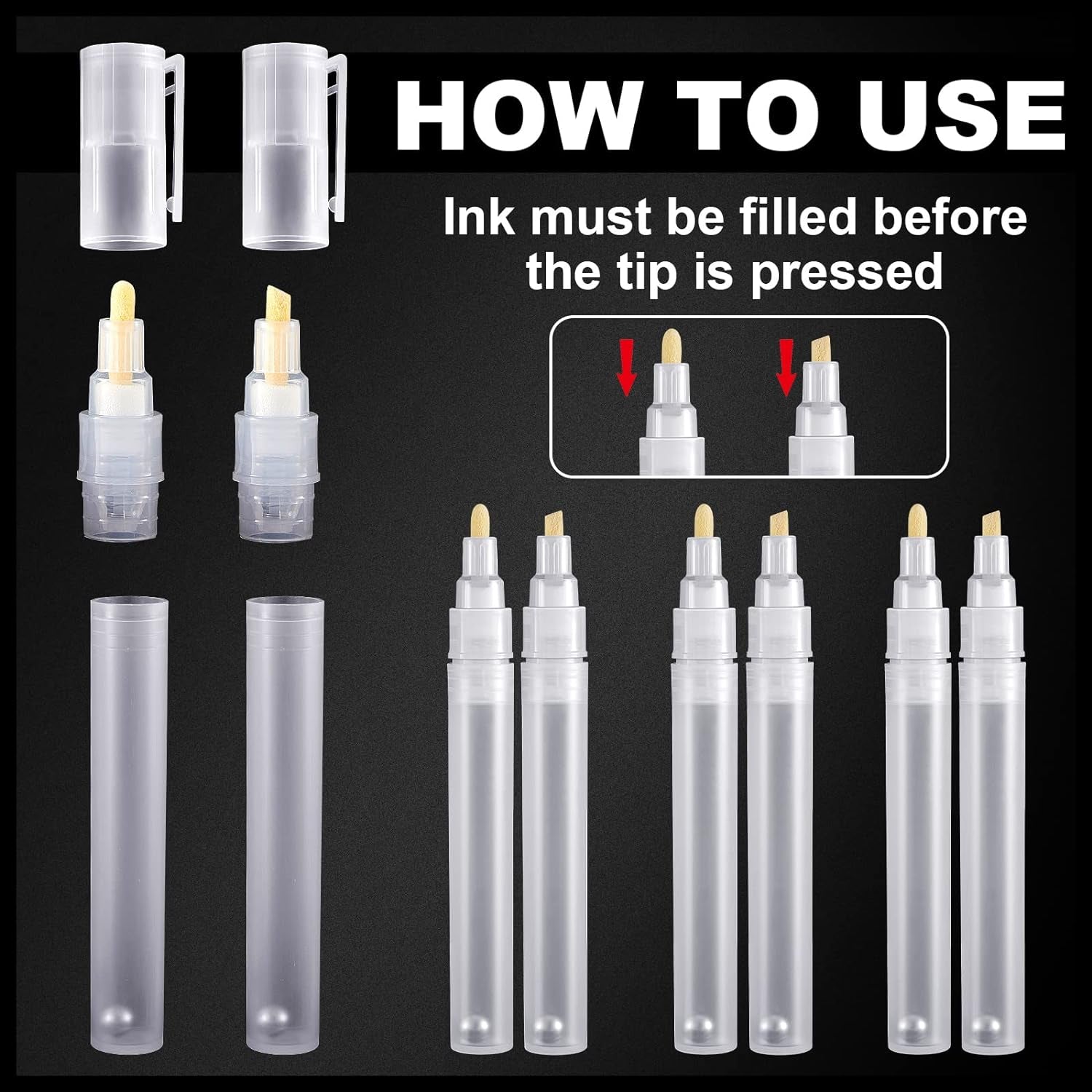 Set of 6 Empty Fillable Blank Paint Pen 3 Mm 6 Mm, Markers round Tilted Flat Head Refillable Paint Pen Fine Tip Markers Acrylic Markers for Oil Painting, Clear