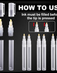 Set of 6 Empty Fillable Blank Paint Pen 3 Mm 6 Mm, Markers round Tilted Flat Head Refillable Paint Pen Fine Tip Markers Acrylic Markers for Oil Painting, Clear