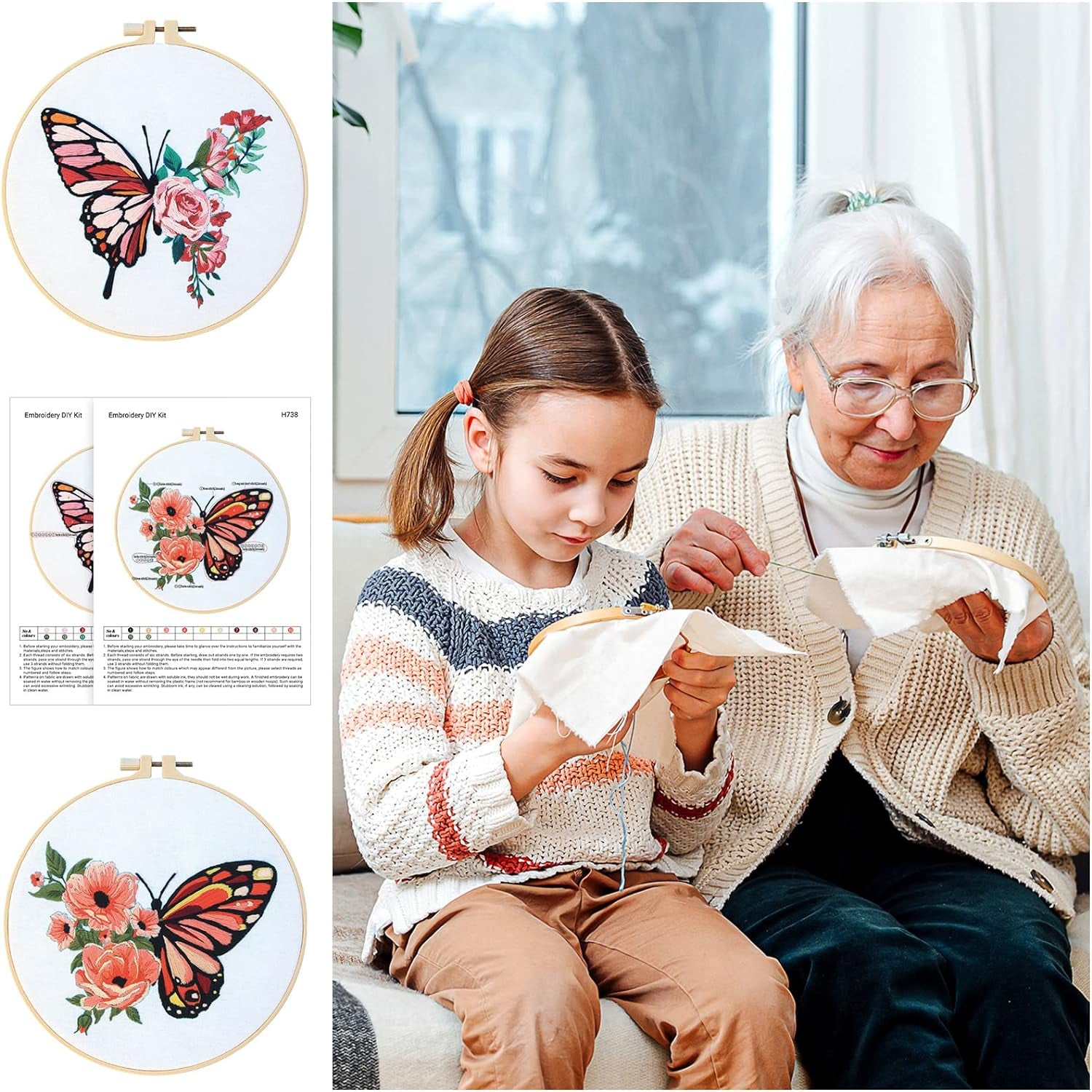 5 Sets Embroidery Beginners Kit with Butterfly Flower Patterns and Instructions Cross Stitch Kits for Starter DIY Adult Kids Butterfly Pattern Embroidery Set with Cloth Hoops Needles Threads