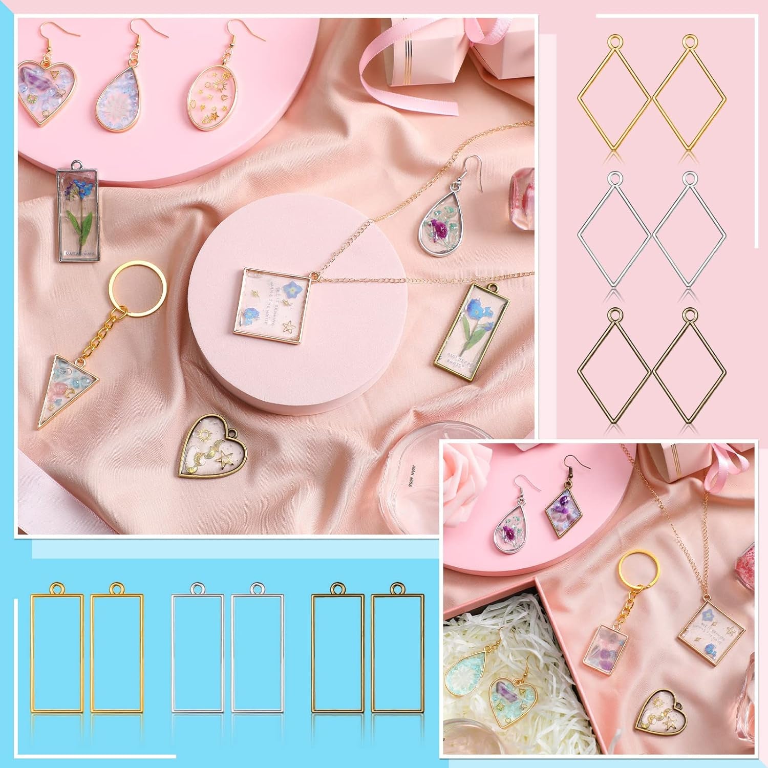 180 Pieces Open Bezels for Resin Jewelry Making Kit Hollow Frame Pendants Resin Craft Assorted Geometric Frame Charms for Resin Casting Necklace Earring