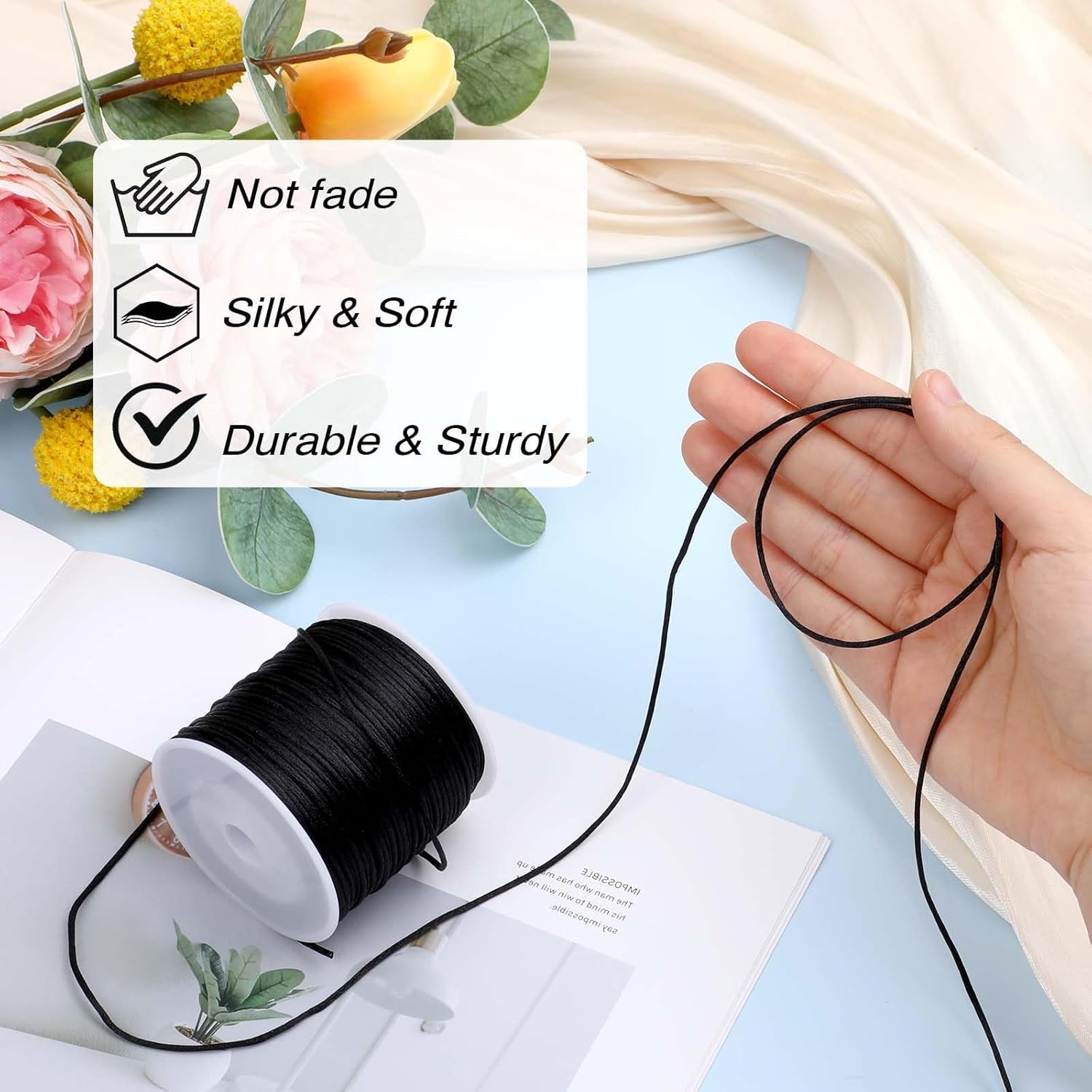 1.5Mm X 60 Yards Black Nylon Satin Cord Wind Chime Cord Replacement Necklace String for Bracelet Jewelry Making Macrame Waxed Cord Trim Cord Multi-Use Silk Cord for Lanyards, Craft, Braided Beading