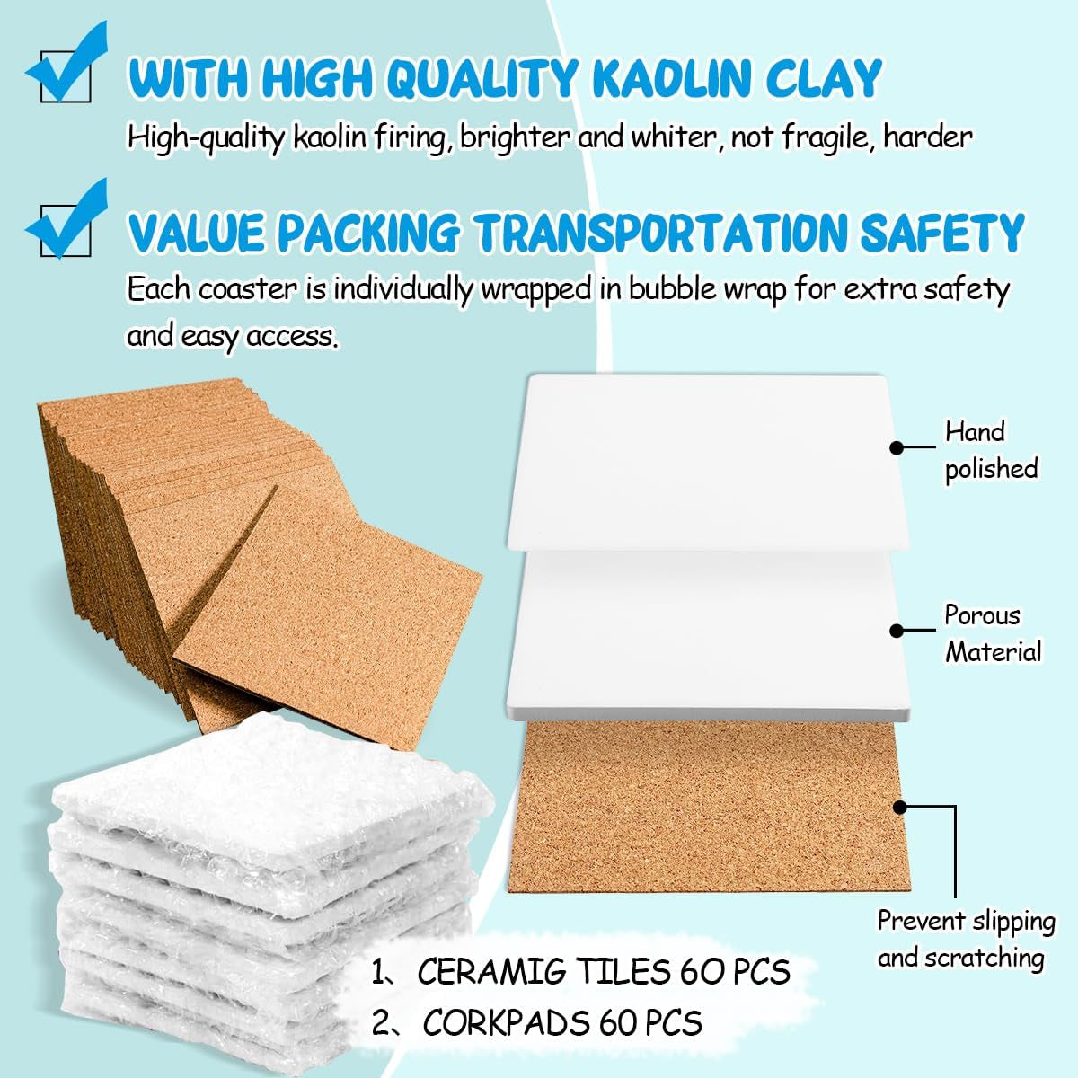 Strong Packaging! 60 PCS Square Unglazed Ceramic Tiles for Crafts Coasters with 60 PCS 2Mm Self Adhesive Cork Squares,White Tiles 4X4 for Crafts Ceramic