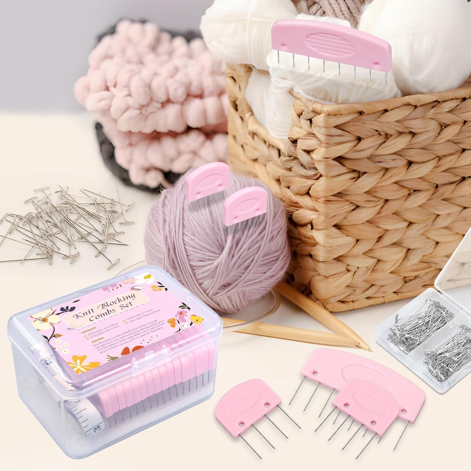 Knit Blocking Pins Kit,20Pcs Knit Blocking Combs,100 T-Pins for Blocking Knitting,Crochet, Lace or Needlework Projects,Knitting Block Tool for Blocking Mats