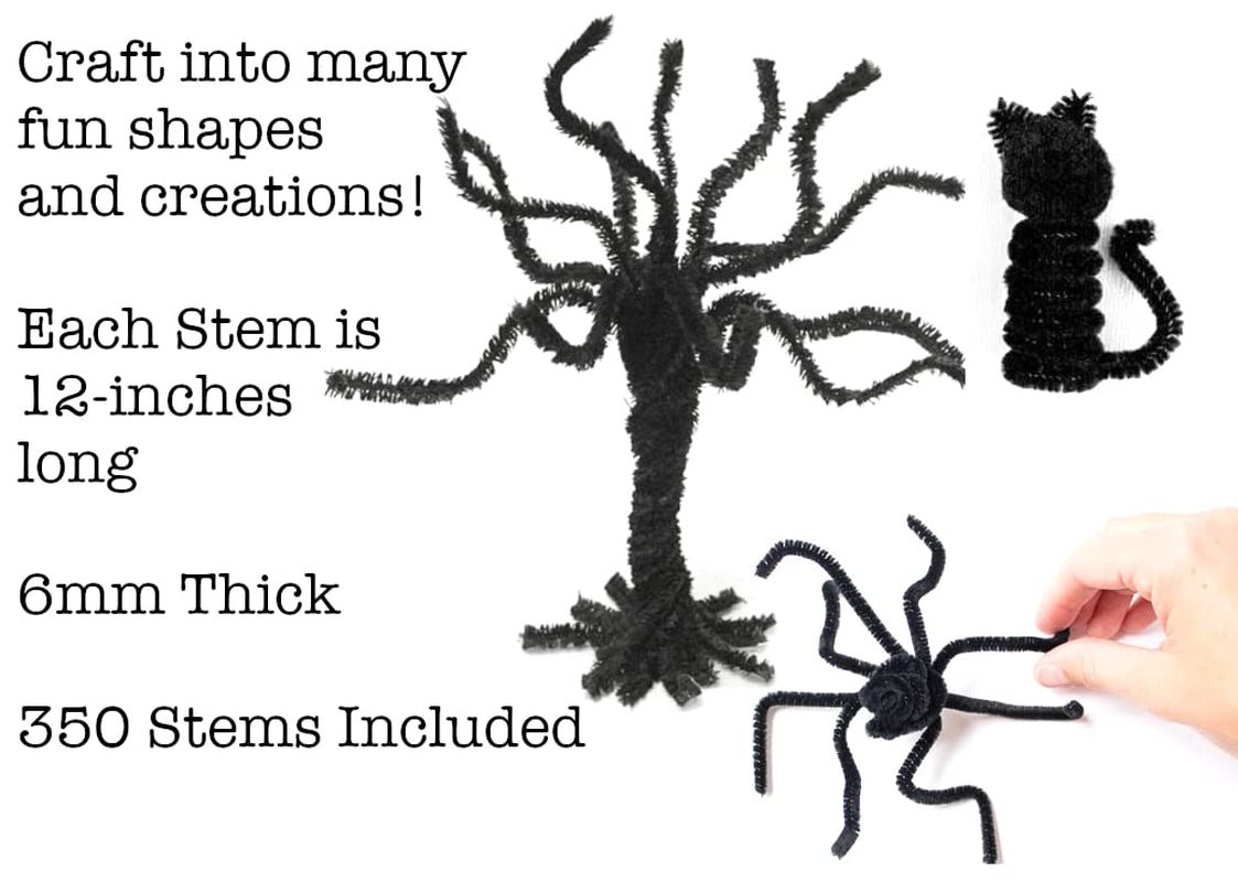 Black Pipe Cleaners Craft Chenille Stems for DIY Art Supplies, 350-Count