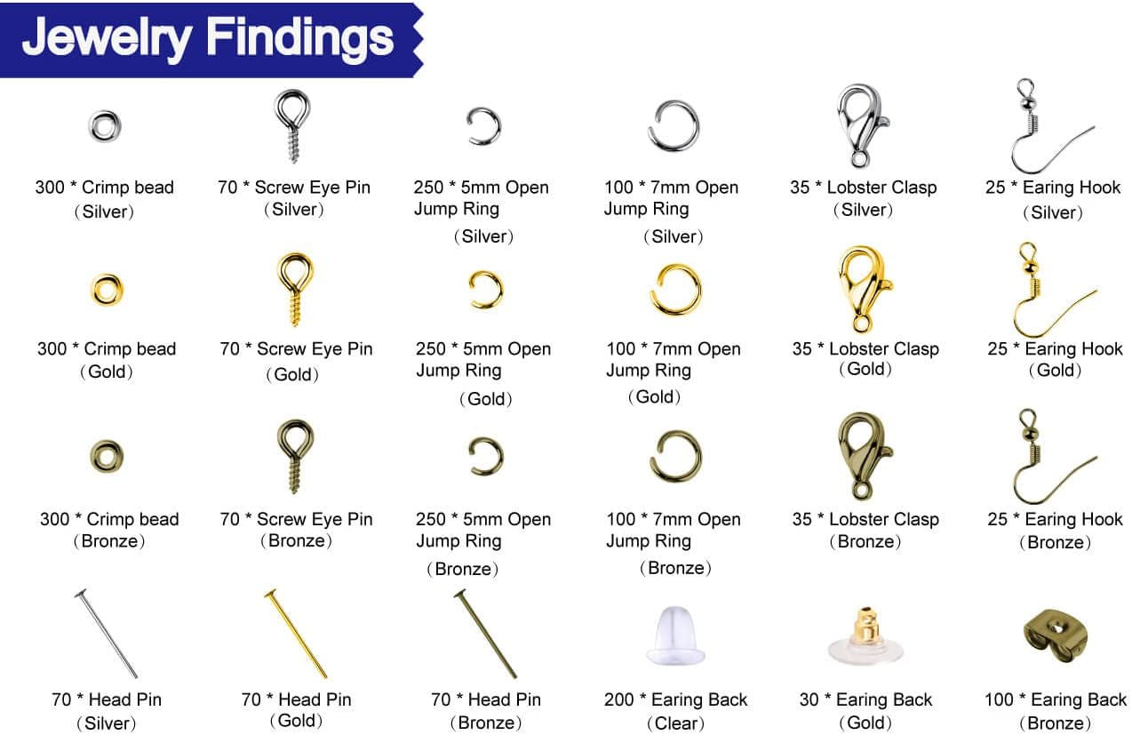 2880 Pcs Jewelry Making Findings Supplies Kit with Open Jump Rings, Lobster Clasps, Crimp Beads, Screw Eye Pins, Head Pins, Earing Hooks and Earing Backs
