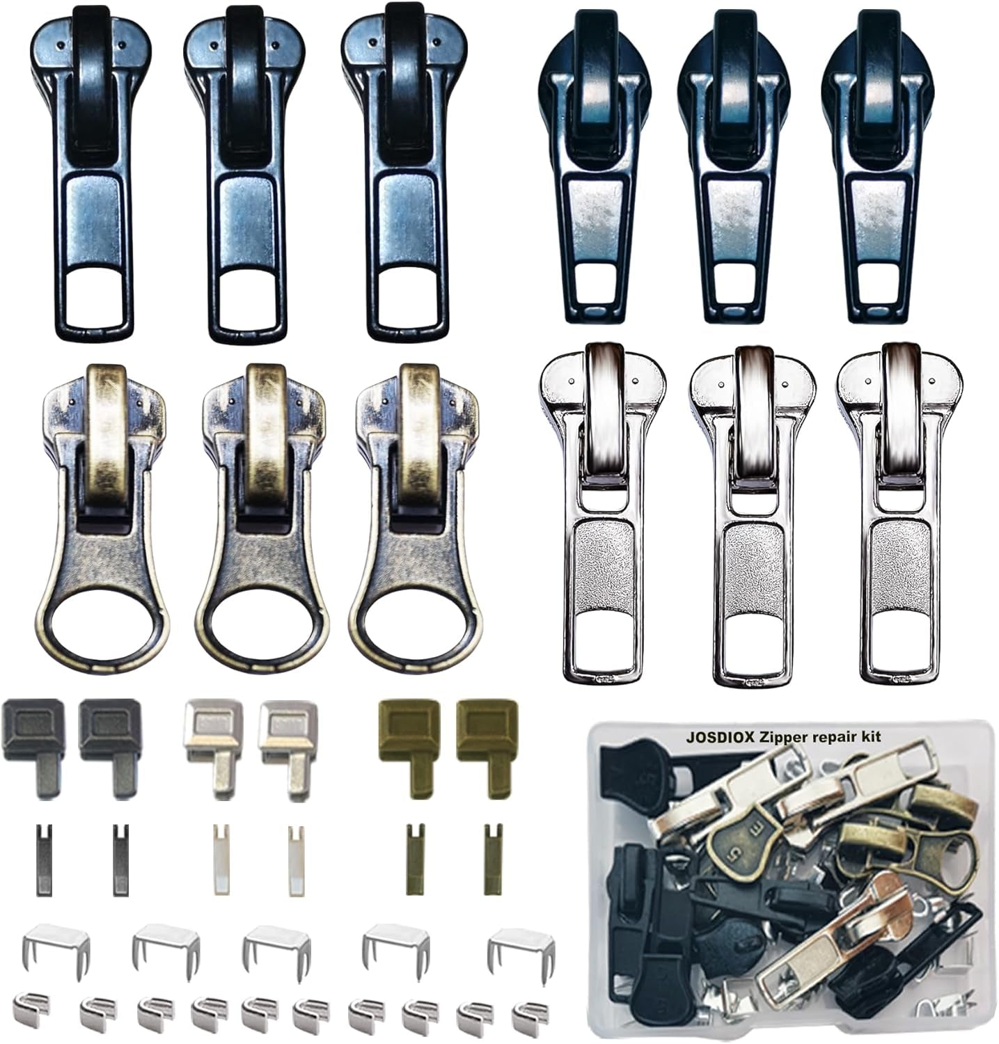 Zipper Repair Kit #5 Sliders with Pull 12 Pcs,#5 Metal Zipper Retainer Box Insertion Pin 6 Sets,Replacement Zipper Bottom/Top Stop, Metal,Plastic,Nylon Coil Zippers Head Fix on Jaceket