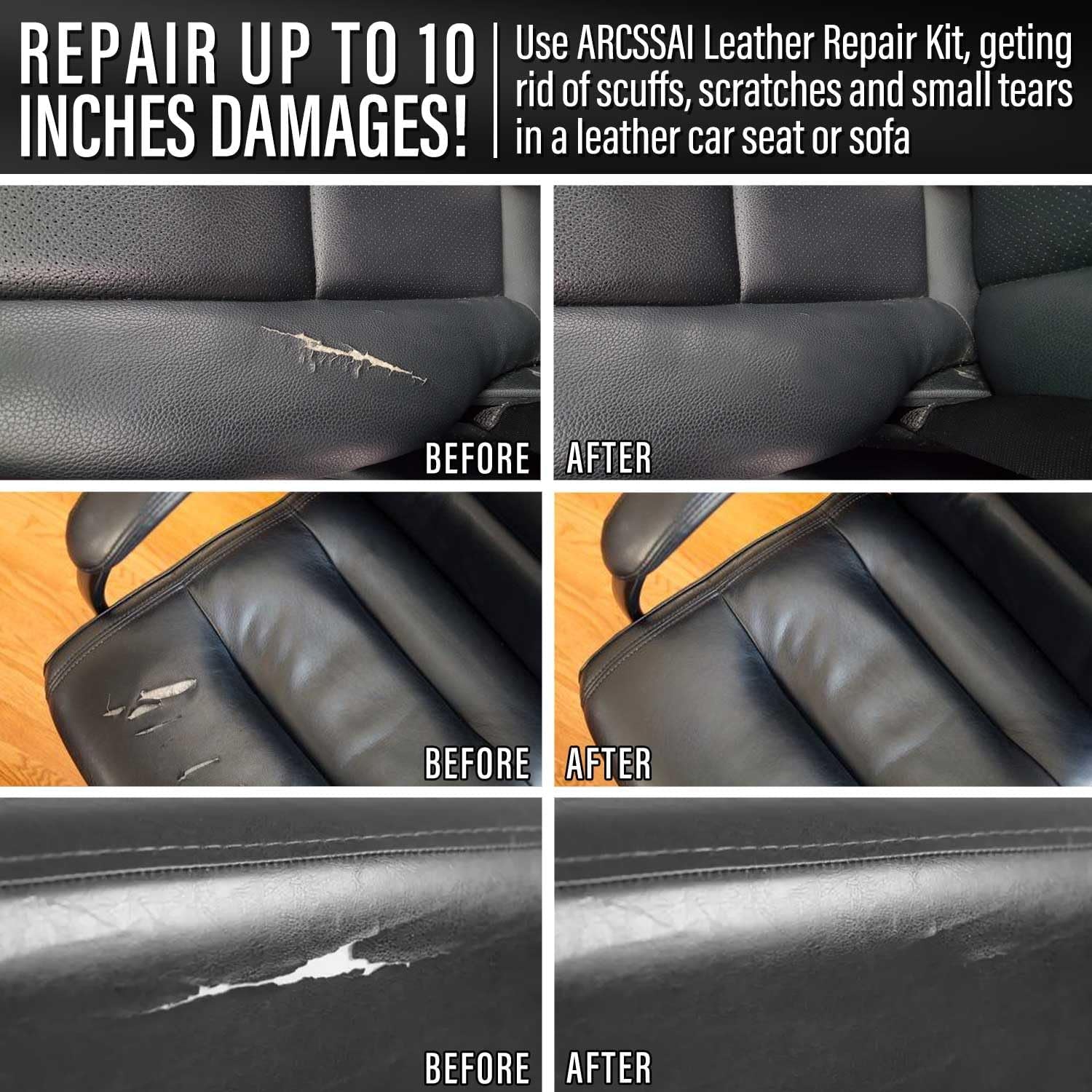 Black Leather Repair Kit for Car Interior, Leather Seat Repair Kit for Cars, Vinyl Repair Kit Repairs Tears &amp; Burn Holes from Furniture, Jacket, Chair, Sofa and Purse, with Color Matching Guide