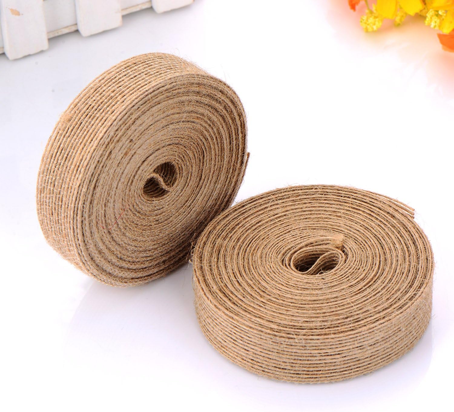 2 Rolls Natural Burlap Fabric Ribbon Wedding Events DIY Craft Ribbon Brown Rustic Ribbon for Floral Garland Scrapbook Wrapping Home Decor, 10 Meters Each Roll