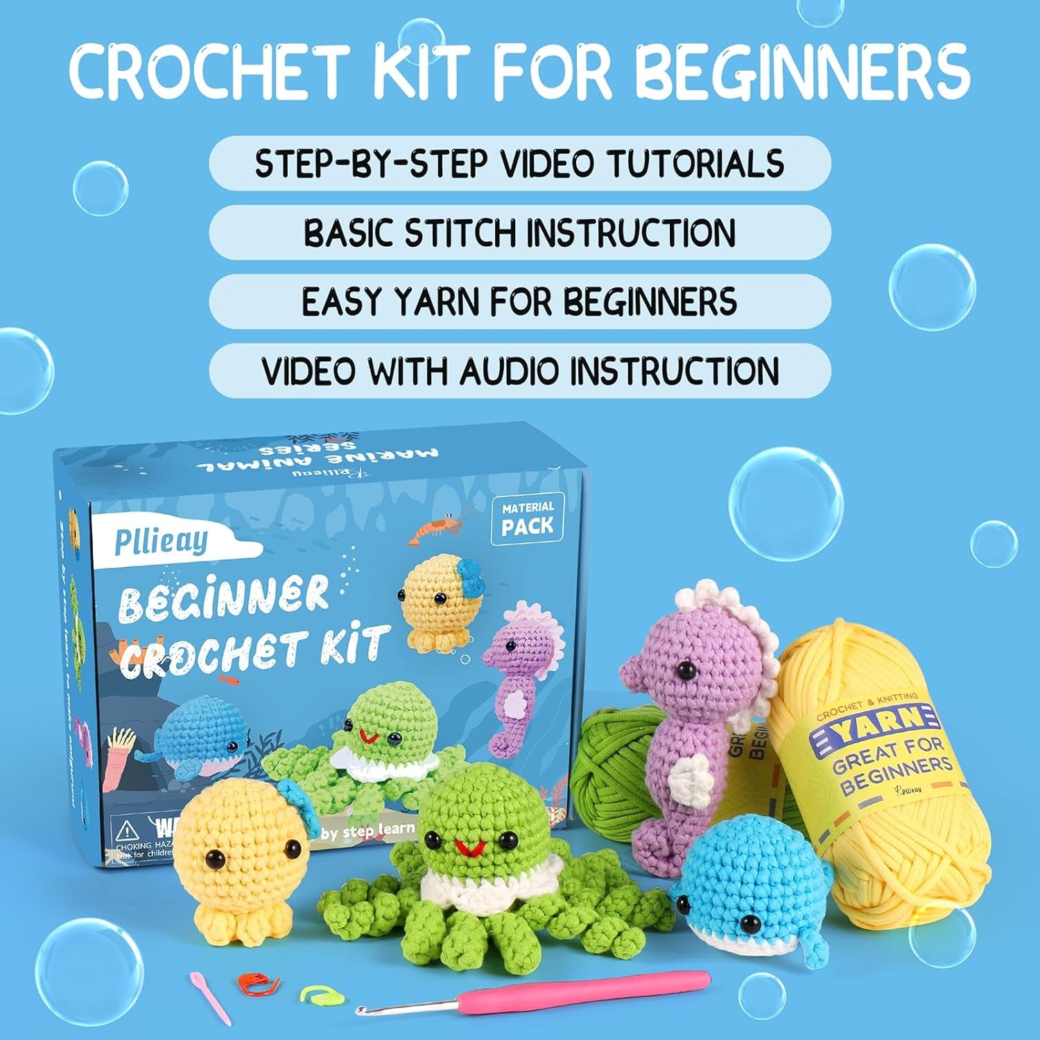 Crochet Kit for Beginners, Beginner Crochet Kit for Adults & Kids with Step-By-Step Video Tutorials, Knitting Kit, 4 Pattern Crochet Animal Kit - Whale, Jellyfish, Sea Horse and Octopus