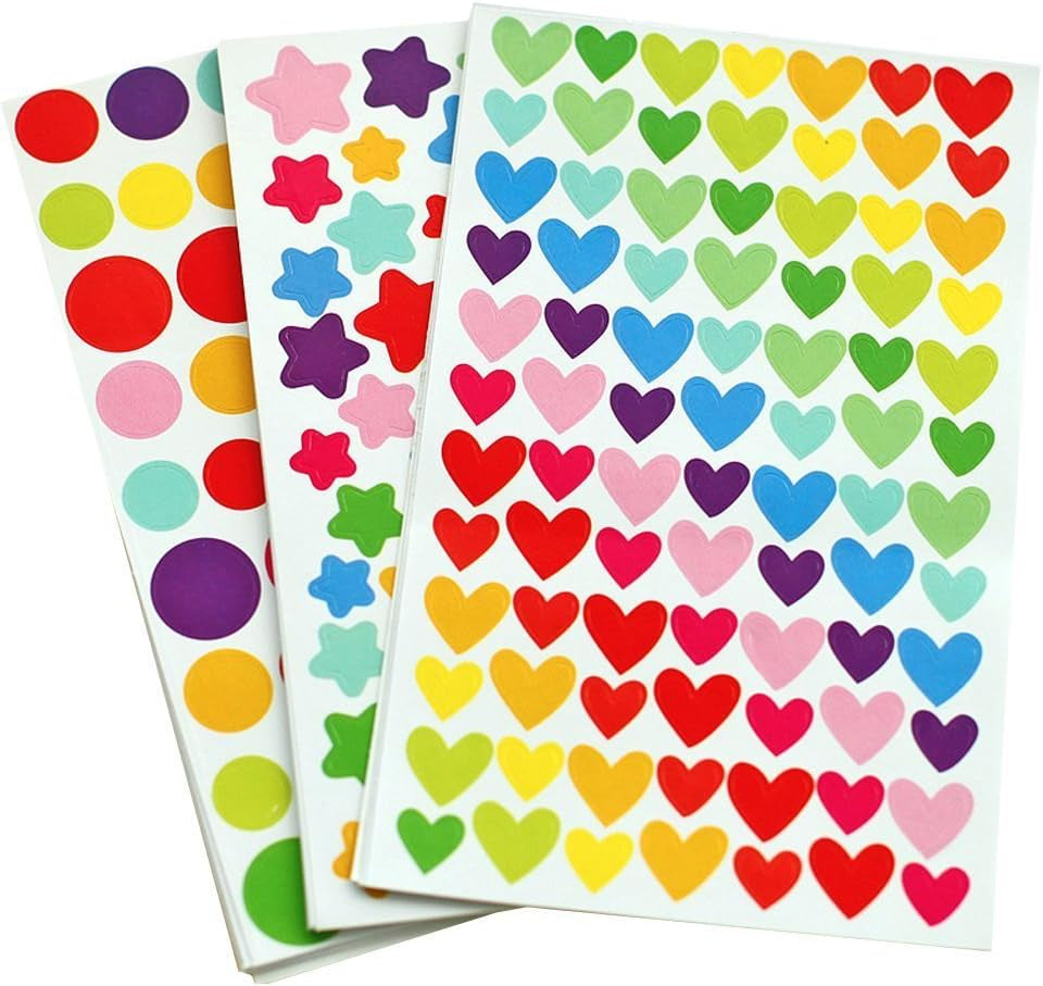 18 Sheets 1512 Pcs Colorful Dot Heart and Star Shape Self Adhesive Stickers, for Scrapbooking and Kid DIY Arts Crafts (Mixed Dots,Hearts,Stars, 18 Sheets)