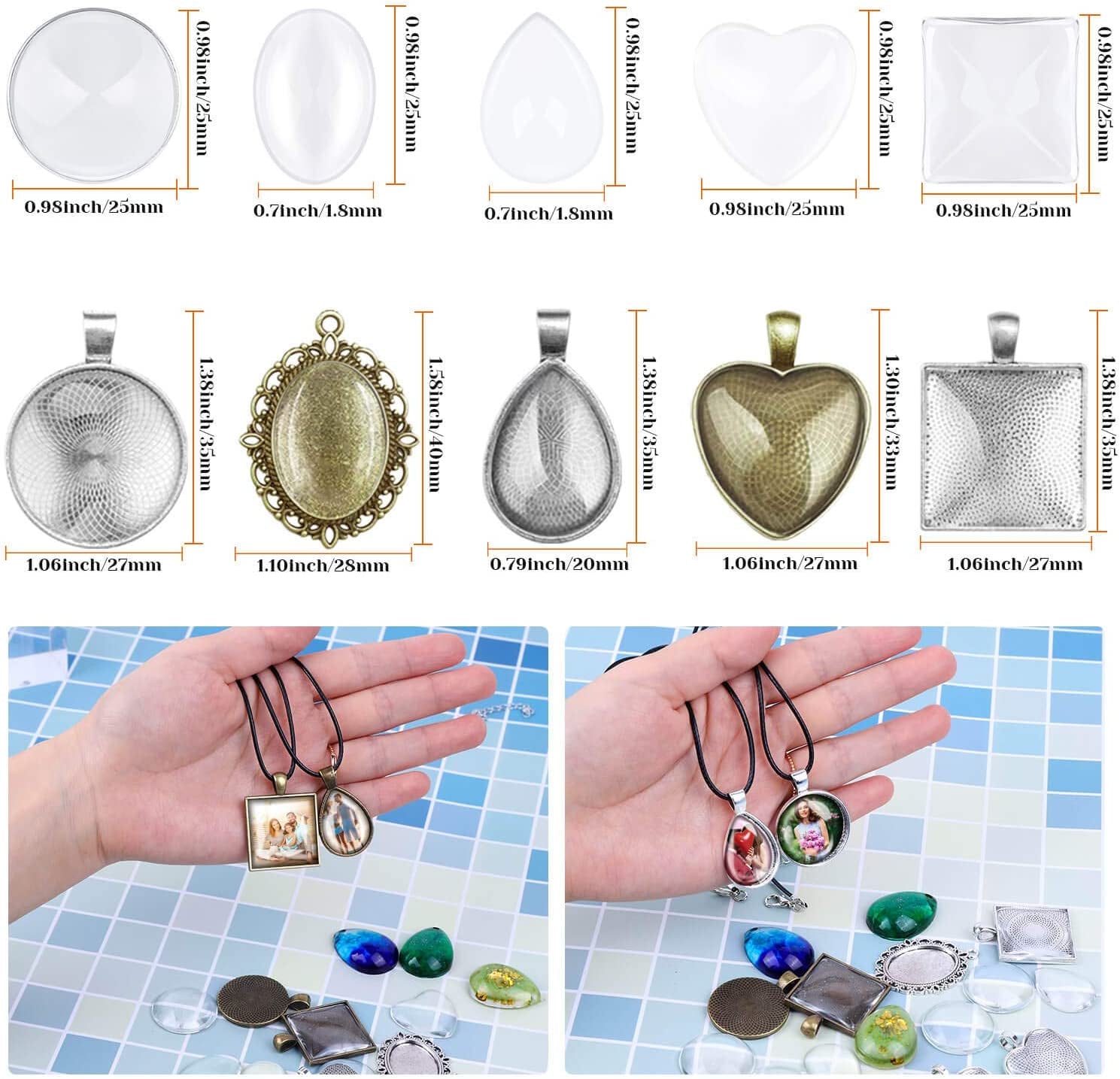 Pendant Trays with Glass Cabochons for Jewelry Making, 90Pcs Pendants Trays Set Including 30Pcs Bezel Pendant Trays Blanks, 30Pcs Glass Cabochons and 30Pcs Necklaces Cords for Necklace Making