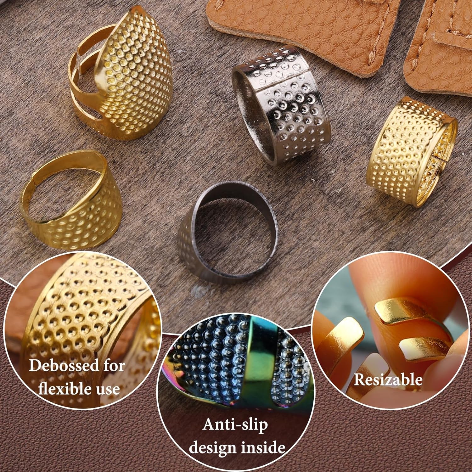 33Pcs Hand-Working Sewing Thimble Set, 23 PCS Large Eye Sewing Needles with Adjustable Metal Finger Shield Ring, Leather Coin Finger Protectors, Sewing Thimble Rings Cap for Knitting Quilting Craft