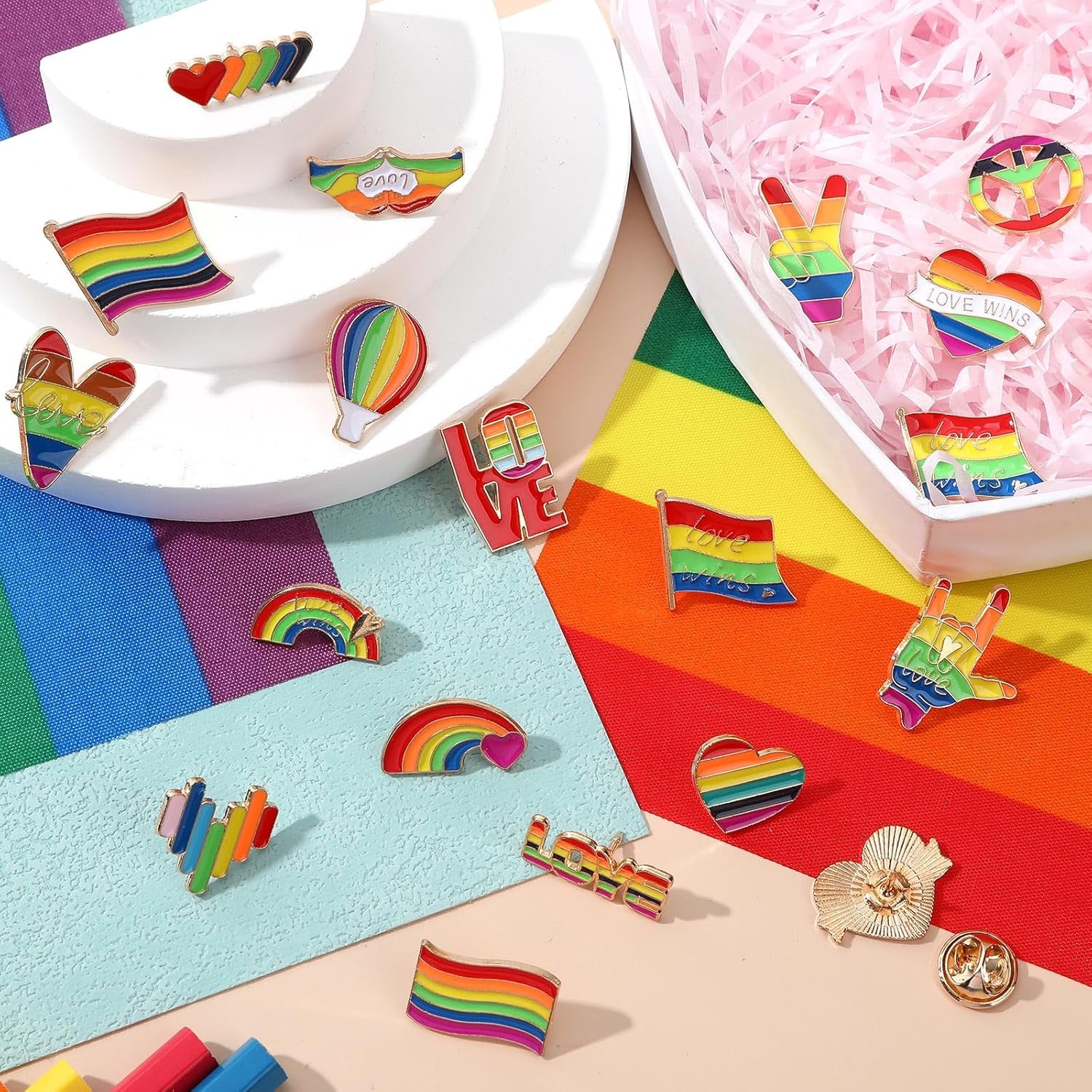 60Pcs Pride Pins, Rainbow Pins Bulk Enamel LGBT Lapel Pins Gay Pride Heart Flag Brooch Pins for Clothes Bags Hats Accessories, 20 Styles
