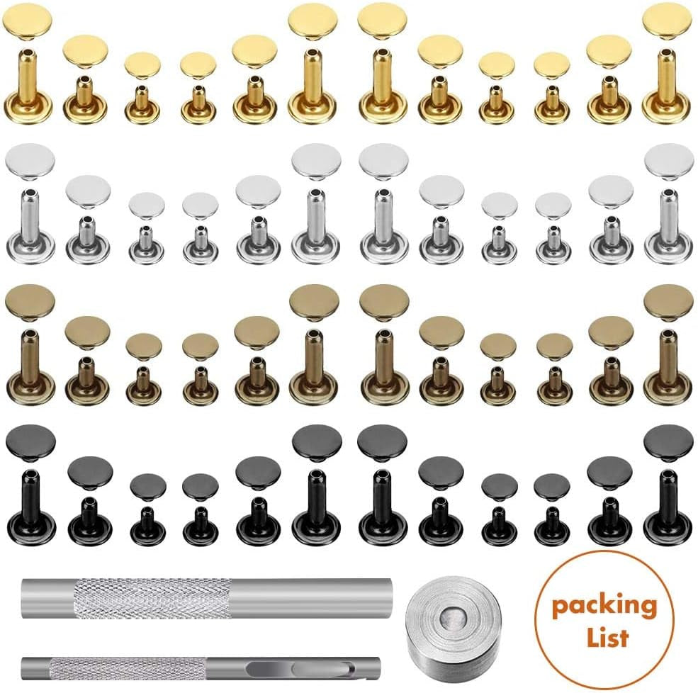 480 Sets 4 Colors 3 Sizes Leather Rivets Double Cap Rivet Tubular Metal Studs with 3 Pieces Setting Tool Kit for Leather Craft Repairs Decoration