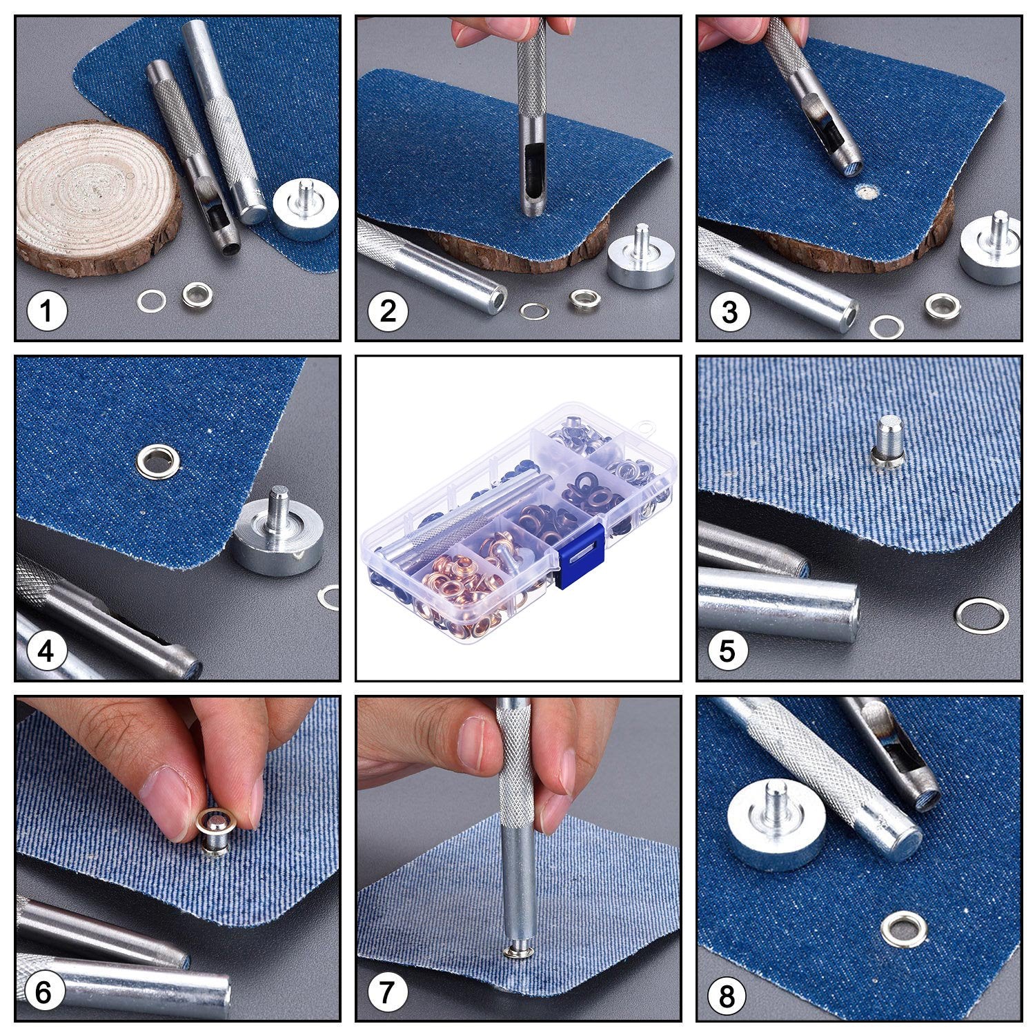 1/4 Inch Grommet Kit 200 Sets Grommets Eyelets with 3 Pieces Install Tool Kit and Box for Shoes Clothes Crafts Bag