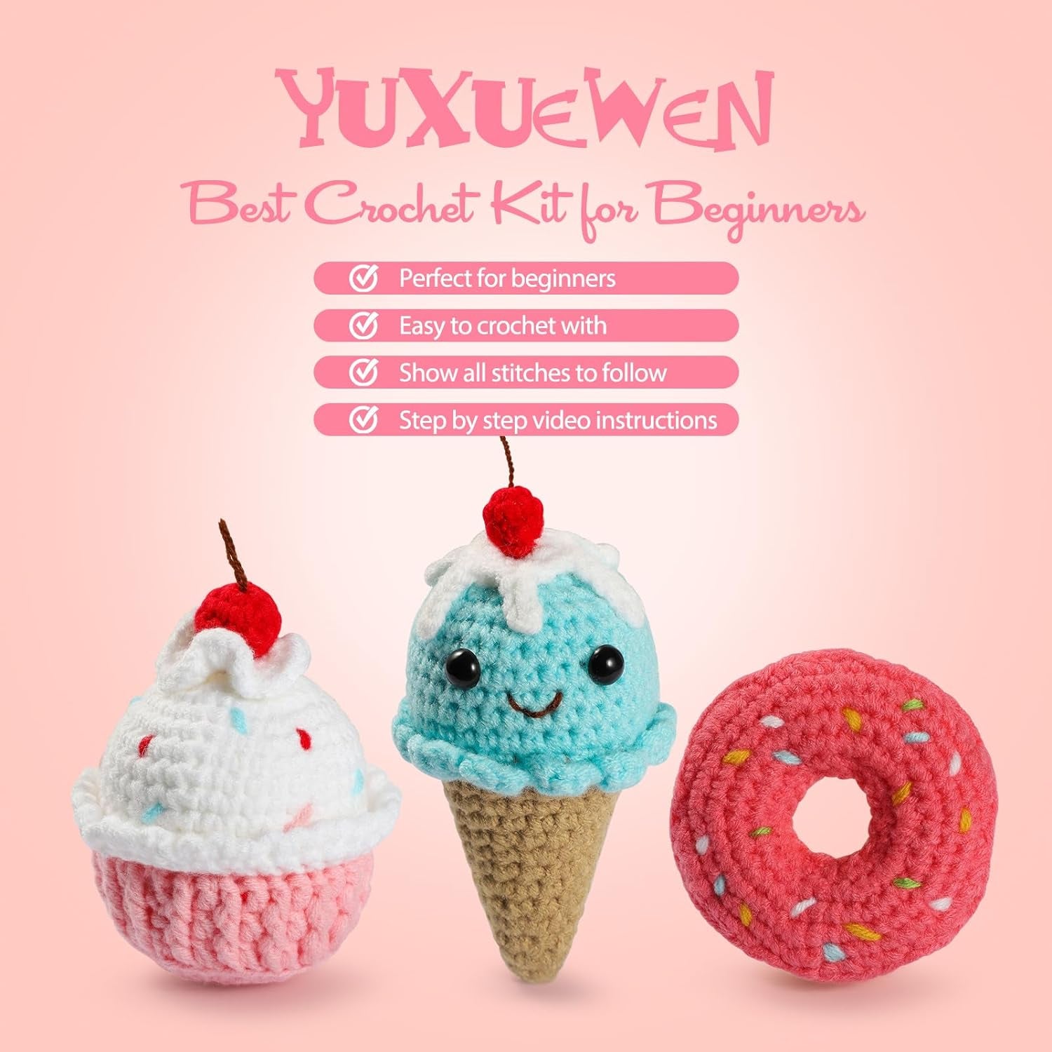 Crochet Kit for Beginners, 3Pcs Dessert Beginner Crochet Kit for Kids and Adults, Crochet Starter Kit DIY Knitting Kit with Step-By-Step Video Tutorial