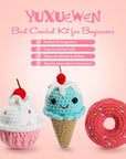 Crochet Kit for Beginners, 3Pcs Dessert Beginner Crochet Kit for Kids and Adults, Crochet Starter Kit DIY Knitting Kit with Step-By-Step Video Tutorial