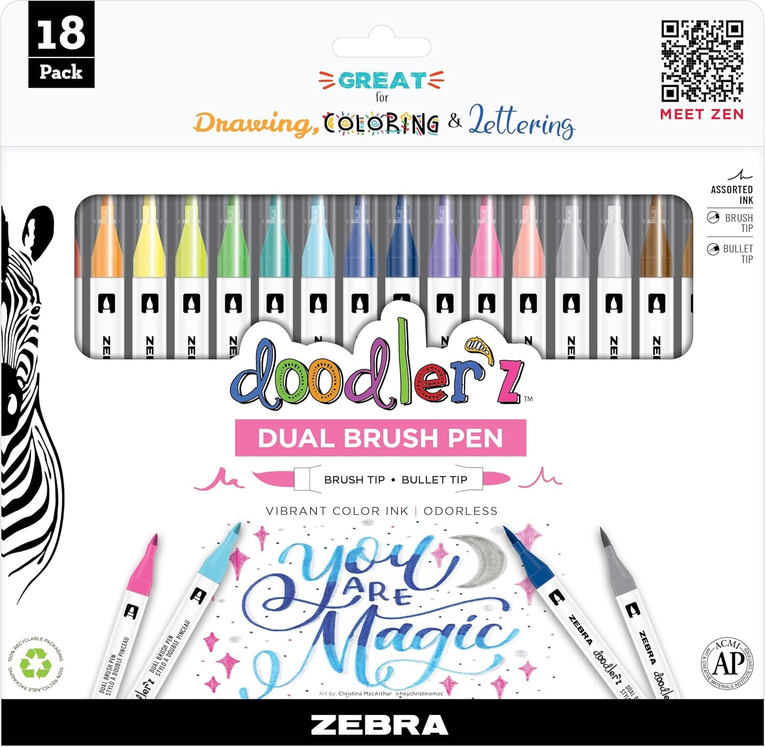 Pen Doodlerz Brush Pen, Brush and Bullet Tips, Vibrant Color Ink, Assorted Colors, 18 Pack