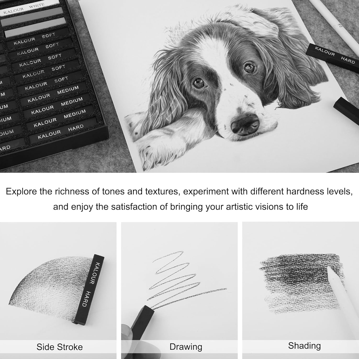 24 Pro Charcoal Drawing Set - Soft,Medium,Hard Charcoal and White Charcoal - Charcol Sticks for Drawing Sketching Shading - Art Supplies Gift for Artists Beginners Adults