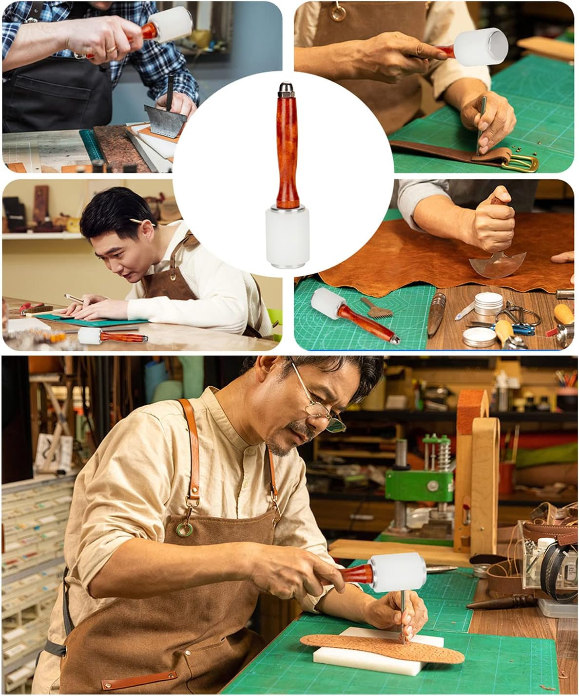 Leathercraft Wooden Handle Nylon Hammer - Wood Leather Carving Hammer Mallet for DIY Stamping Sew Leather Cowhide Tool