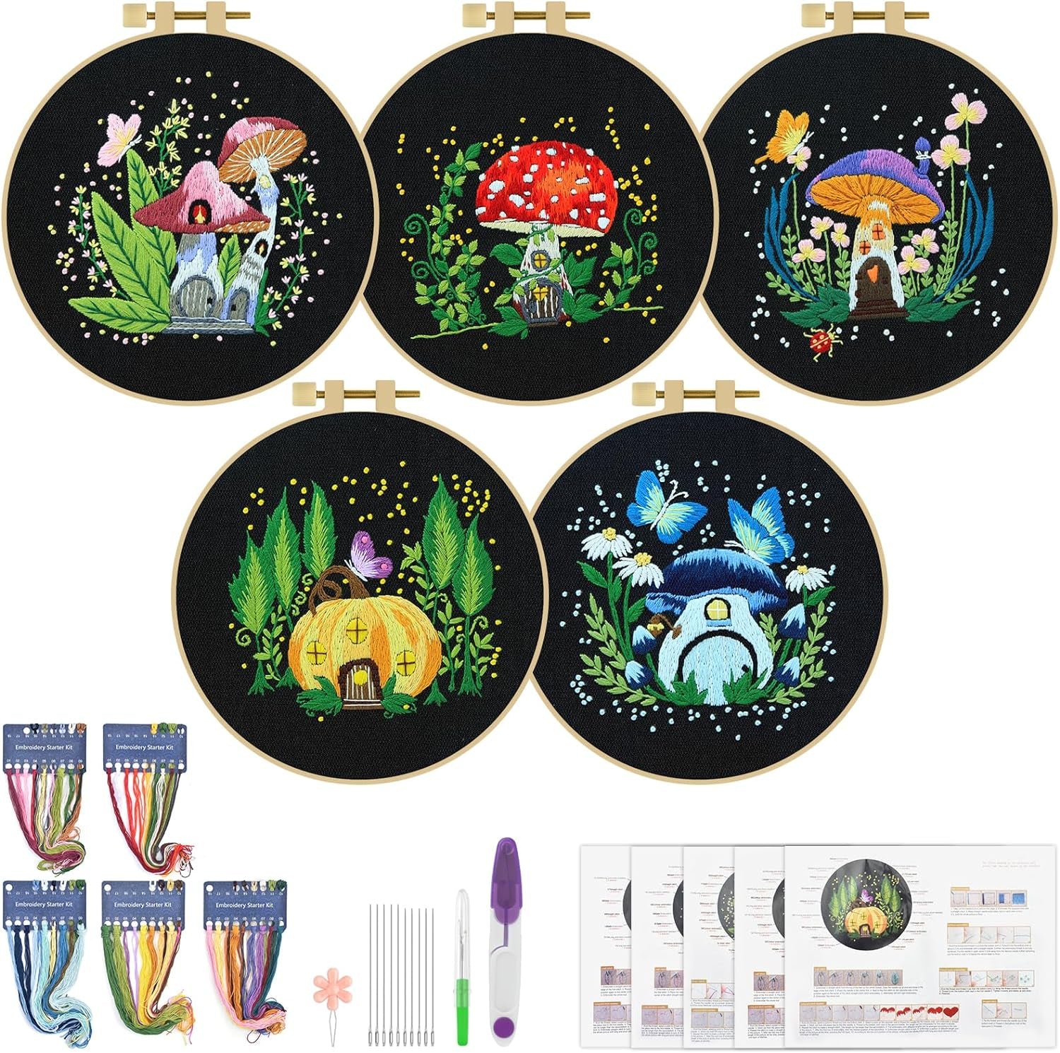 5 Sets Embroidery Kit for Beginners, Art Craft Handy Sewing Set Bees and Flowers Patterns Cross Stitch Starter Kits, DIY Embroidery Kits with Patterns and Instructions Hoops Needles Threads