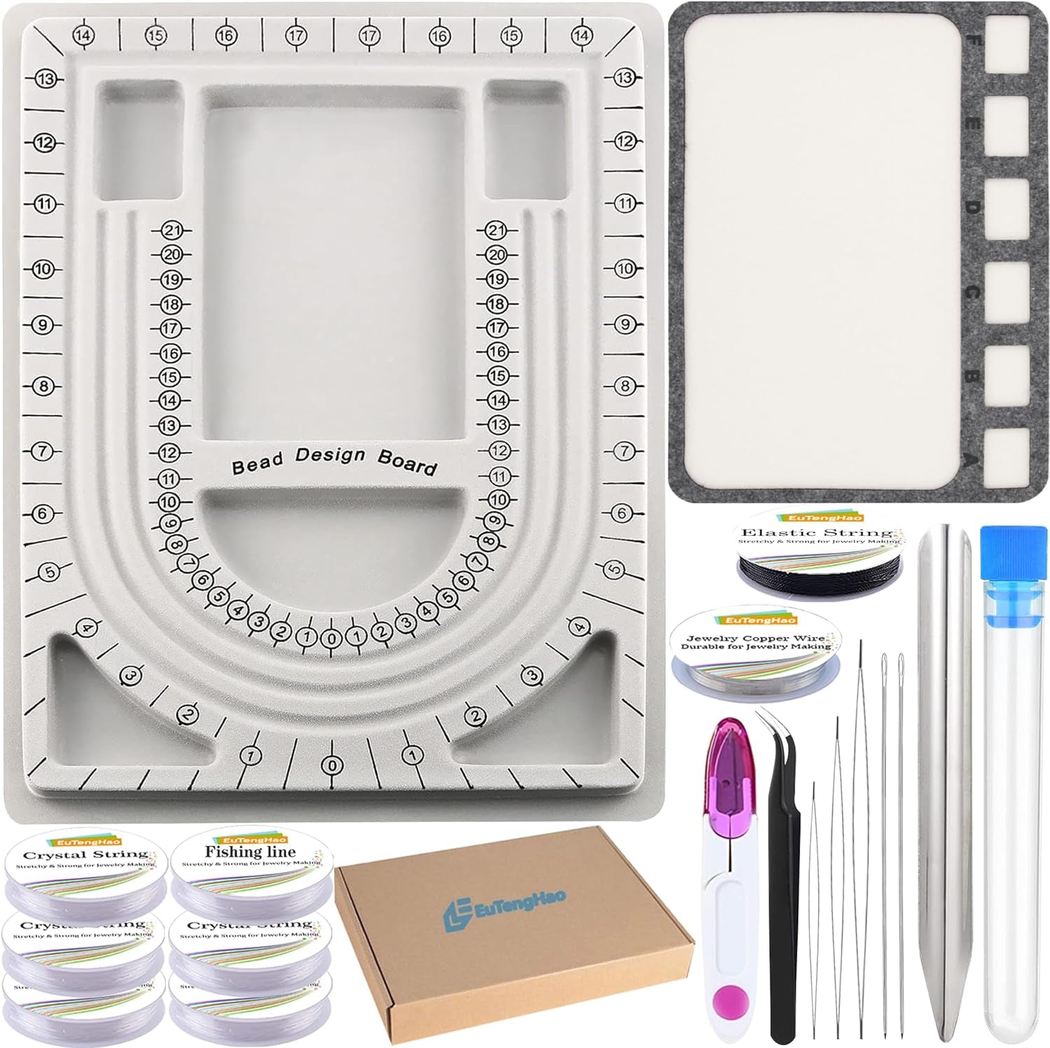Bead Design Board with Beading Mat Kit, Grey Flocked, All-In-One Jewelry String Beading Needles Jewelry Organizer Tray for Creating Bracelets, Necklaces and Other Jewelry Making Craft