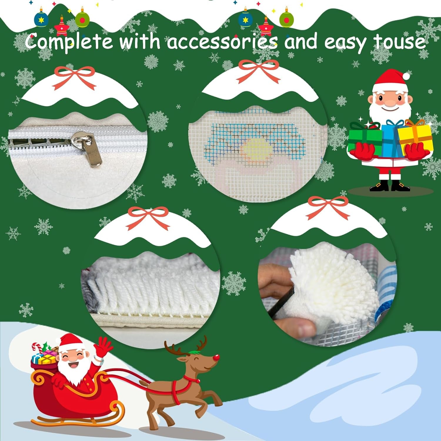 Latch Hook Kits for DIY Throw Pillow Cover,Needlework Cushion Cover Hand Craft Crochet for Great Family 17X17Inch Christmas Hat