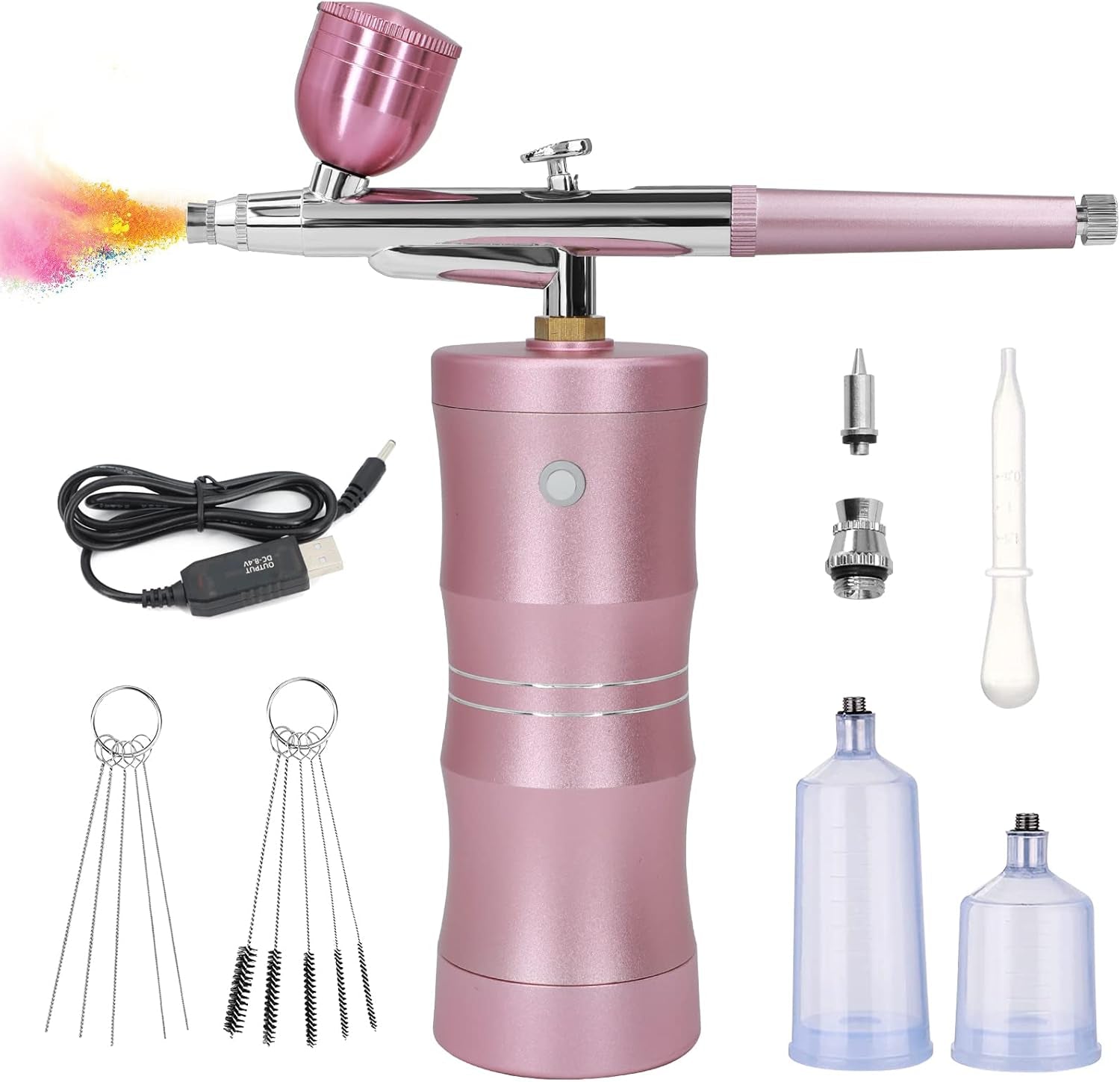 Airbrush Kit with Air Compressor, Upgraded 7.4V 34PSI Air Brush Gun Rechargeable Portable Cordless Air Brush Painting with 0.4Mm Nozzle for Painting, Nail Art, Tattoo (Pink)