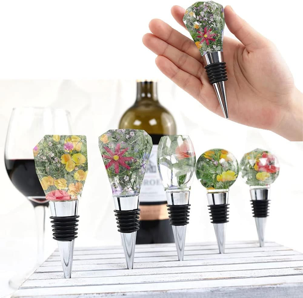 JOFAVIU 15 Pcs Resin Wine Bottle Stoppers Molds Set, Wine Stopper Silicone Molds for Epoxy Resin, Stopper Epoxy Resin Silicone Molds Set Kits (5 Molds with 10 Stoppers)